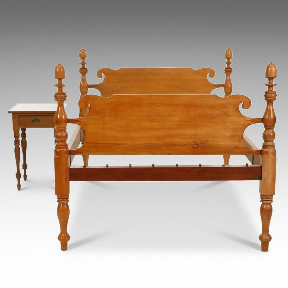 Federal Style Acorn-Top Rope Bed and Nightstand, Early 20th Century