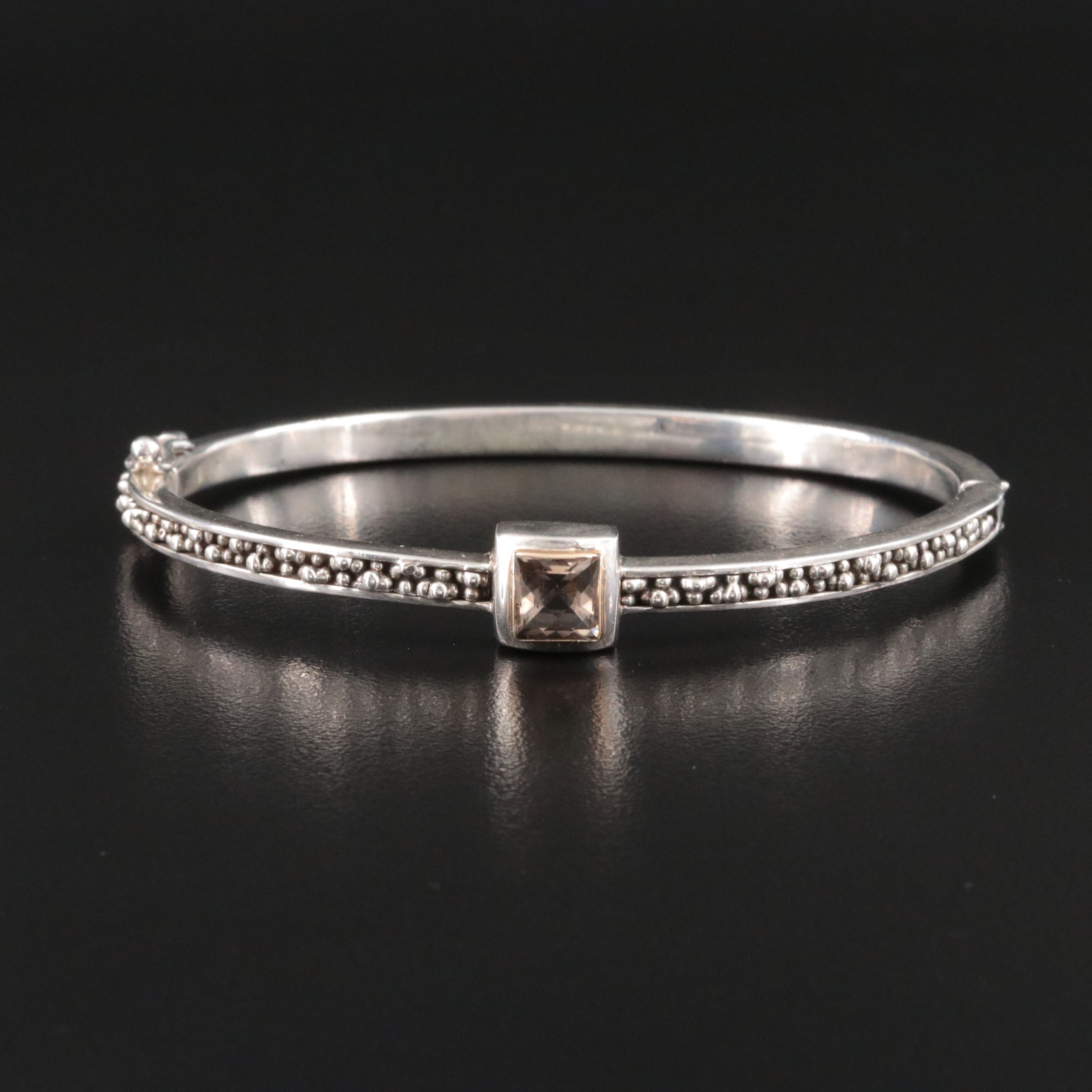 Sterling Smoky Quartz Textured Hinged Bracelet