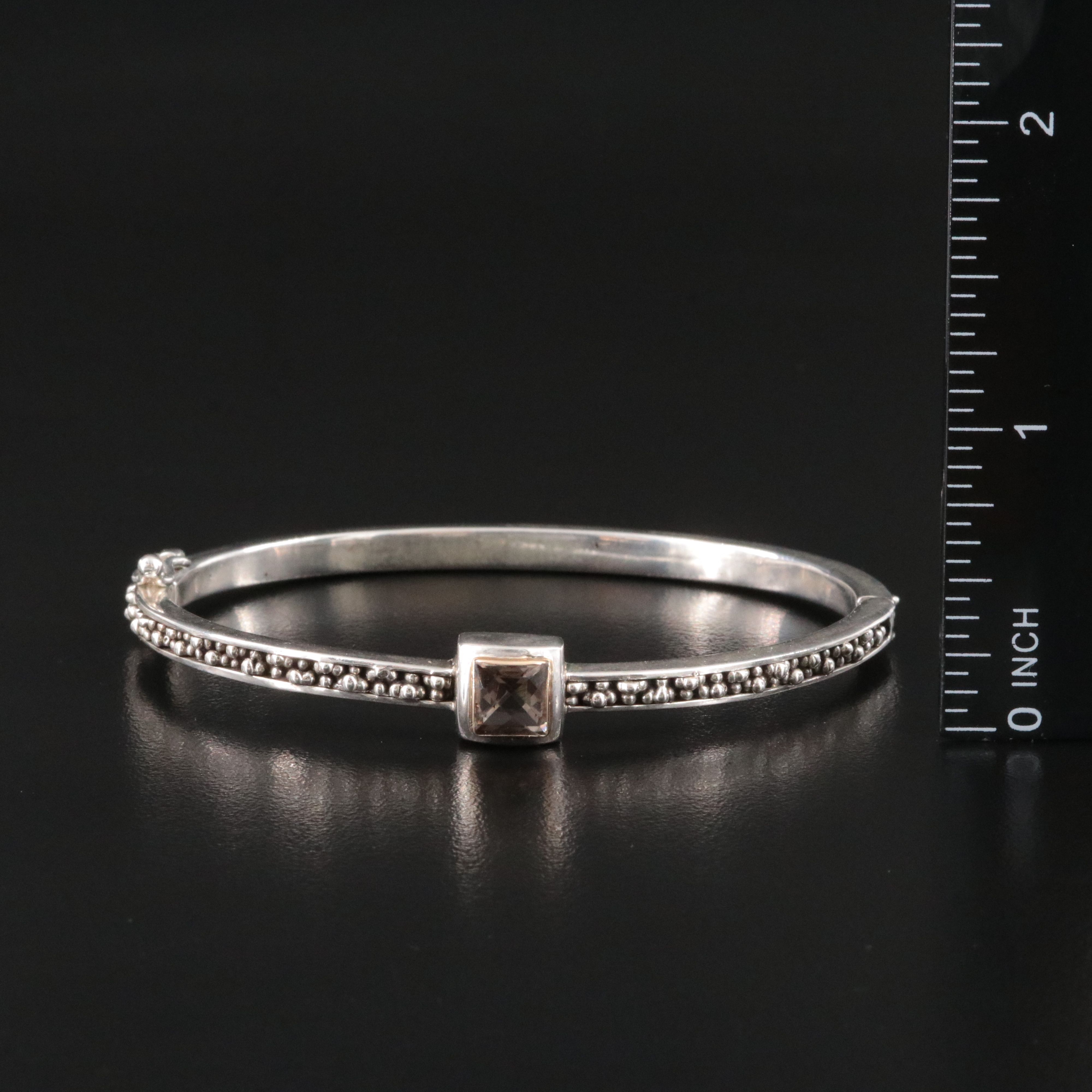 Sterling Smoky Quartz Textured Hinged Bracelet