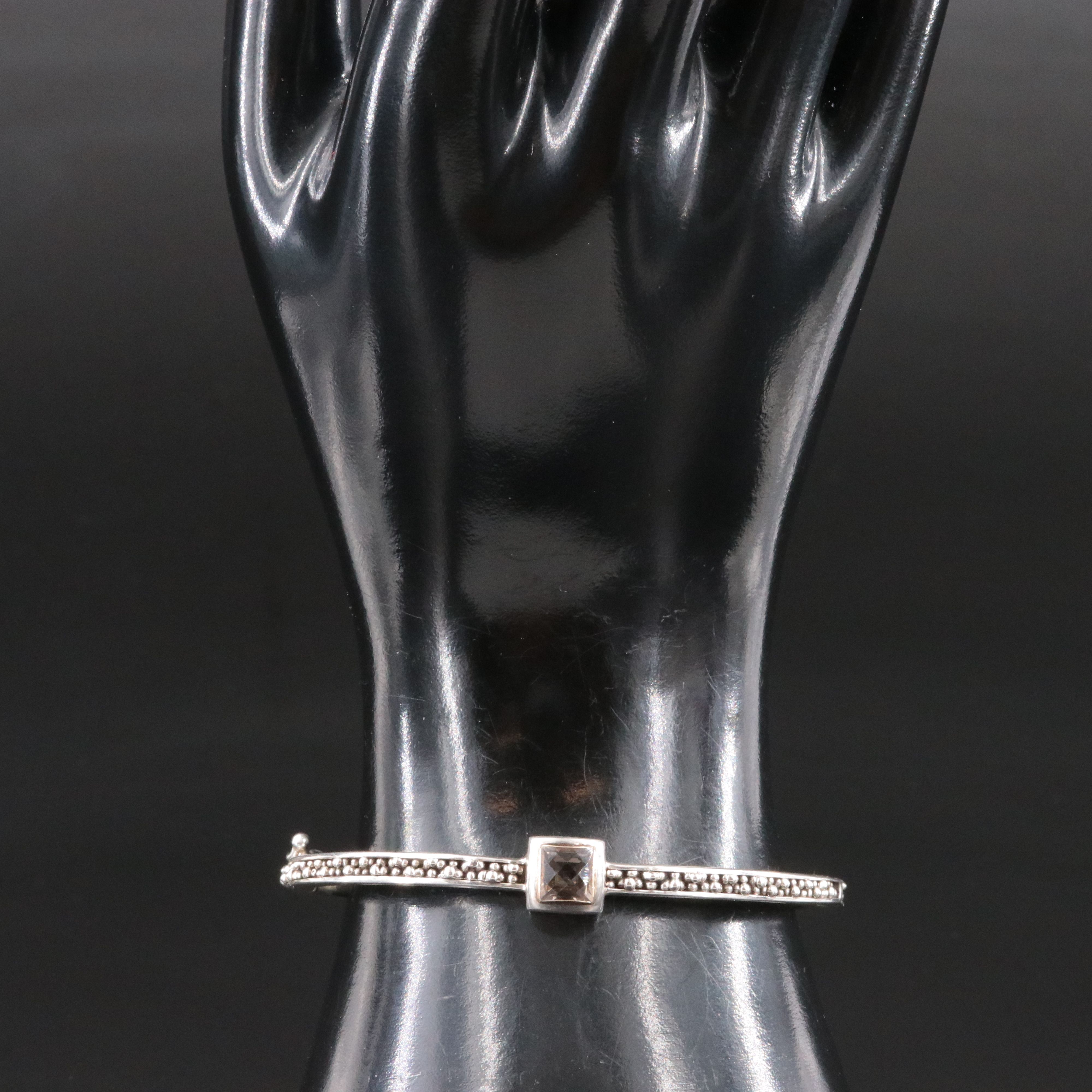 Sterling Smoky Quartz Textured Hinged Bracelet