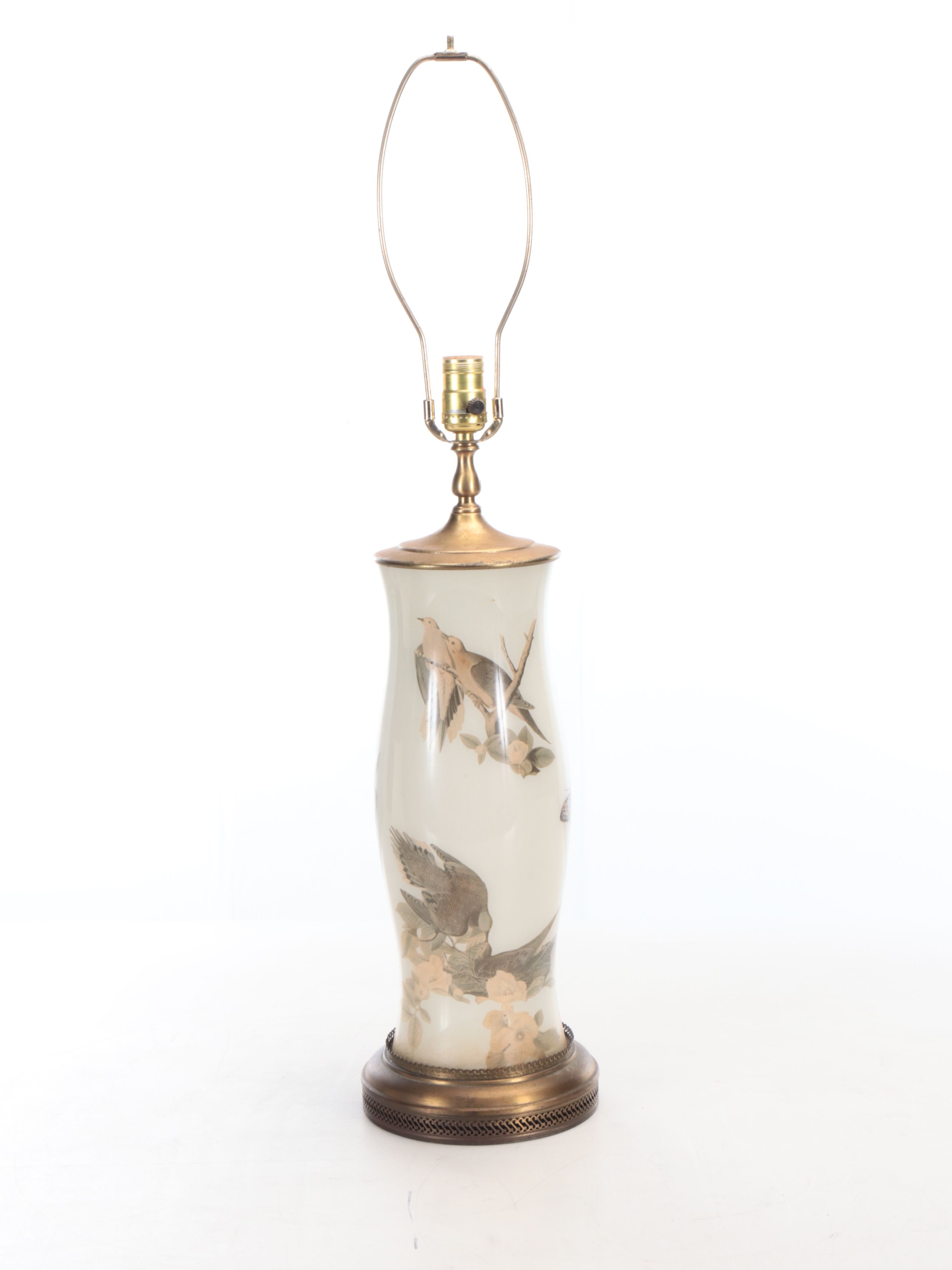 Transfer-Decorated Porcelain Table Lamp with Bronze Footed Brazier