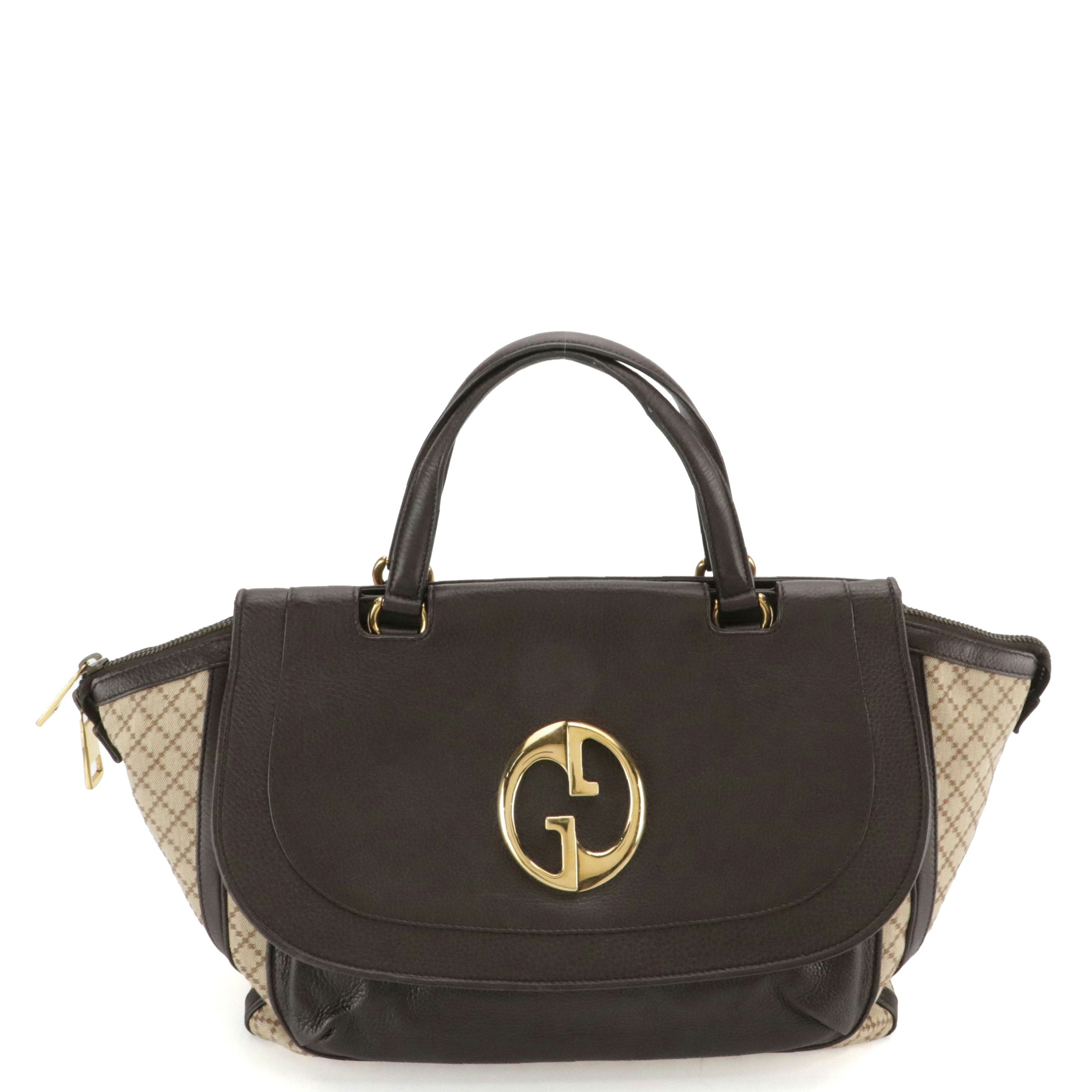 Gucci 1973 Large Zippered Handbag in Brown Calfskin Leather and Diamante Canvas