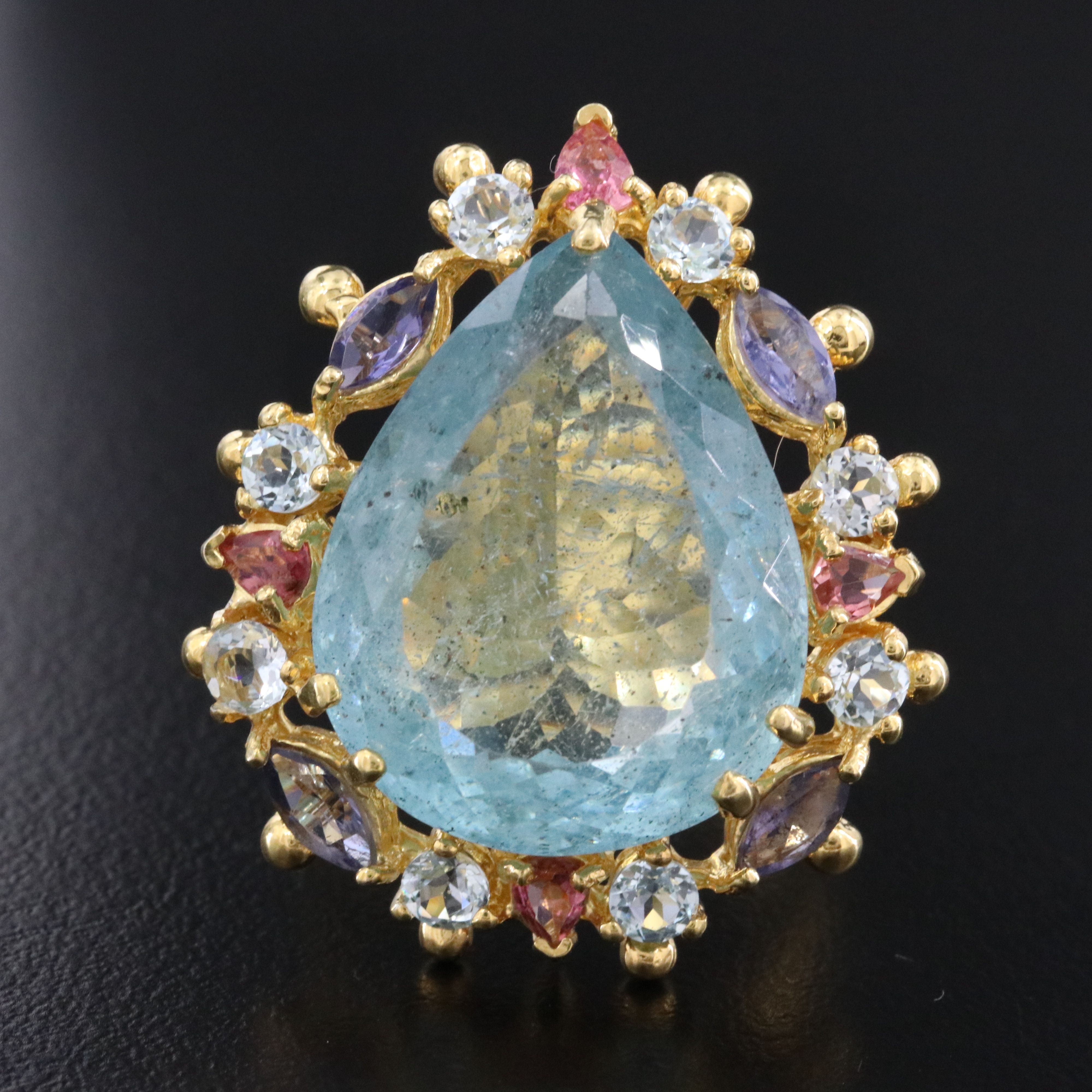 Sterling Aquamarine, Iolite and Tourmaline Halo Ring