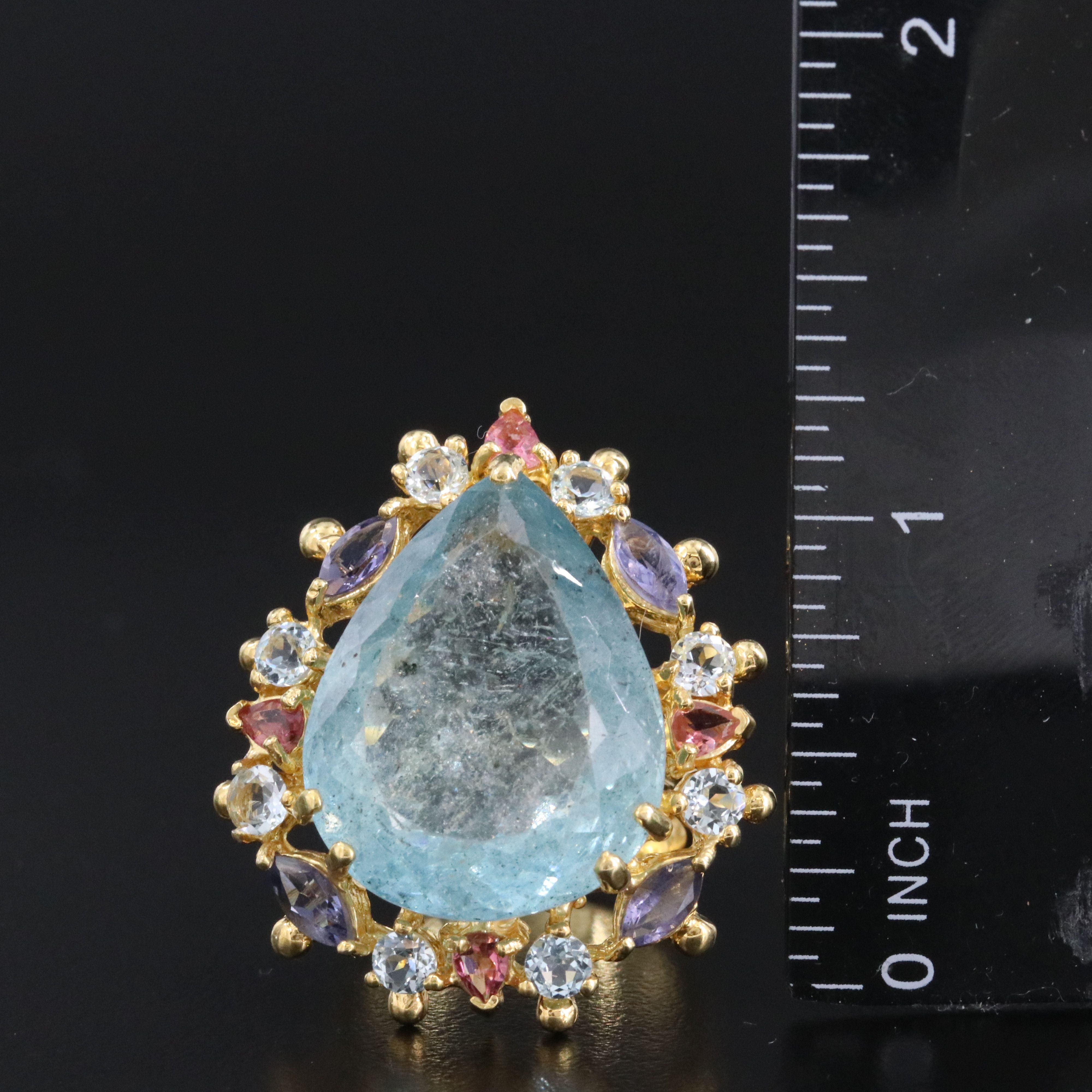 Sterling Aquamarine, Iolite and Tourmaline Halo Ring