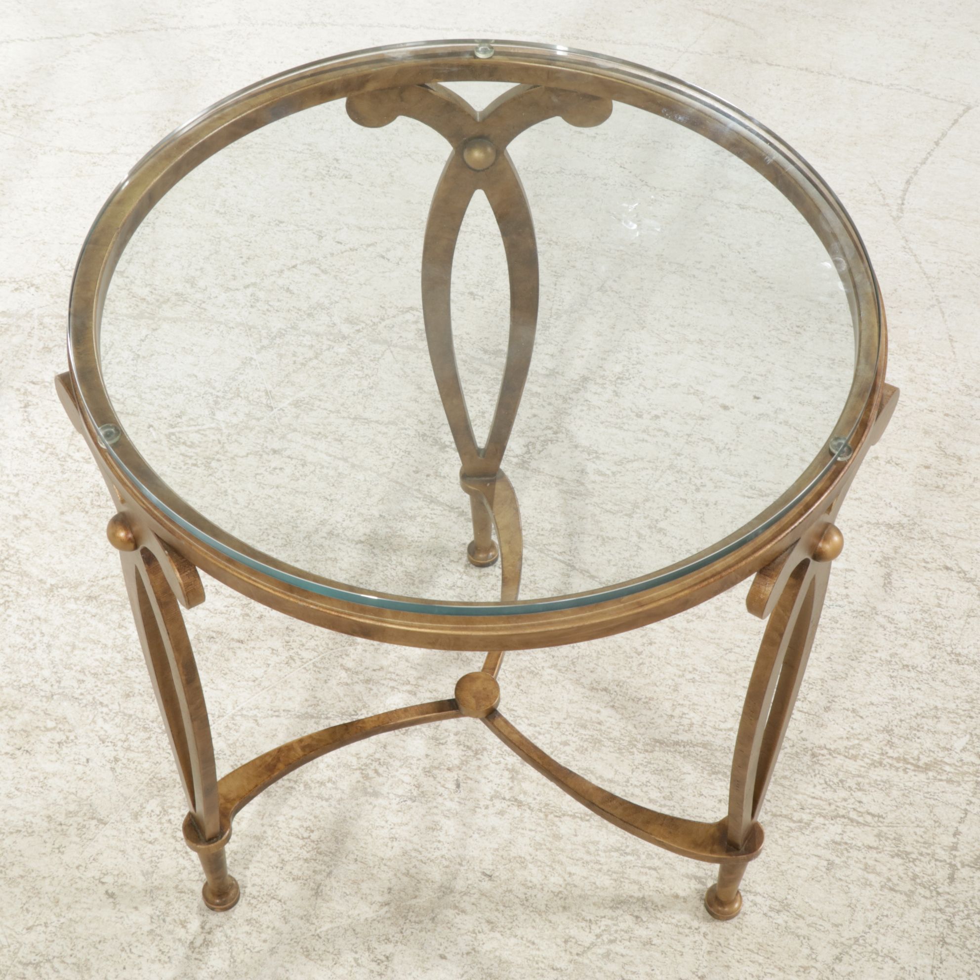 Two Round Metal "Fleur de Lis" Side Tables with Glass Tops, Late 20th Century