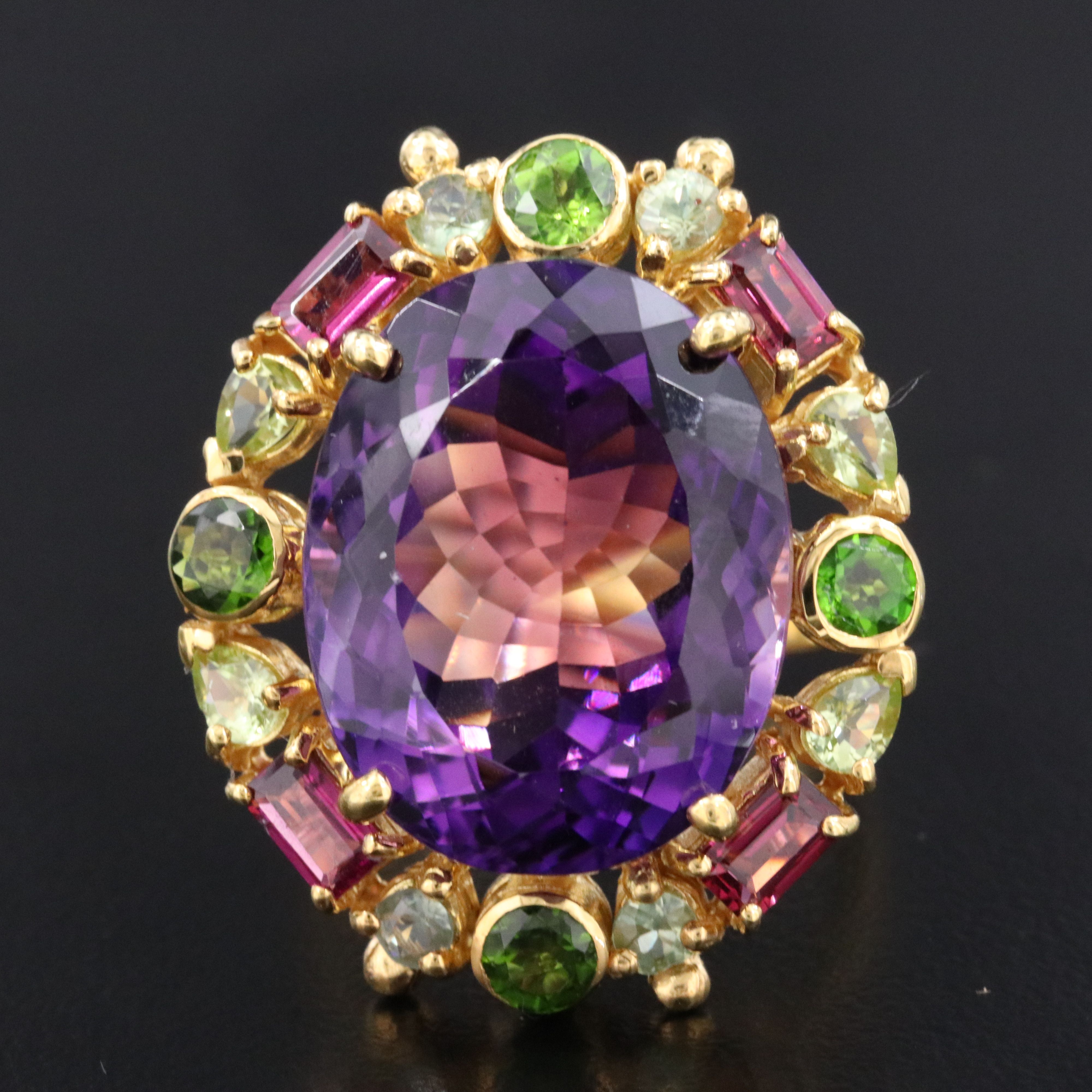 Sterling Amethyst, Diopside and Rhodolite Garnet Halo Ring
