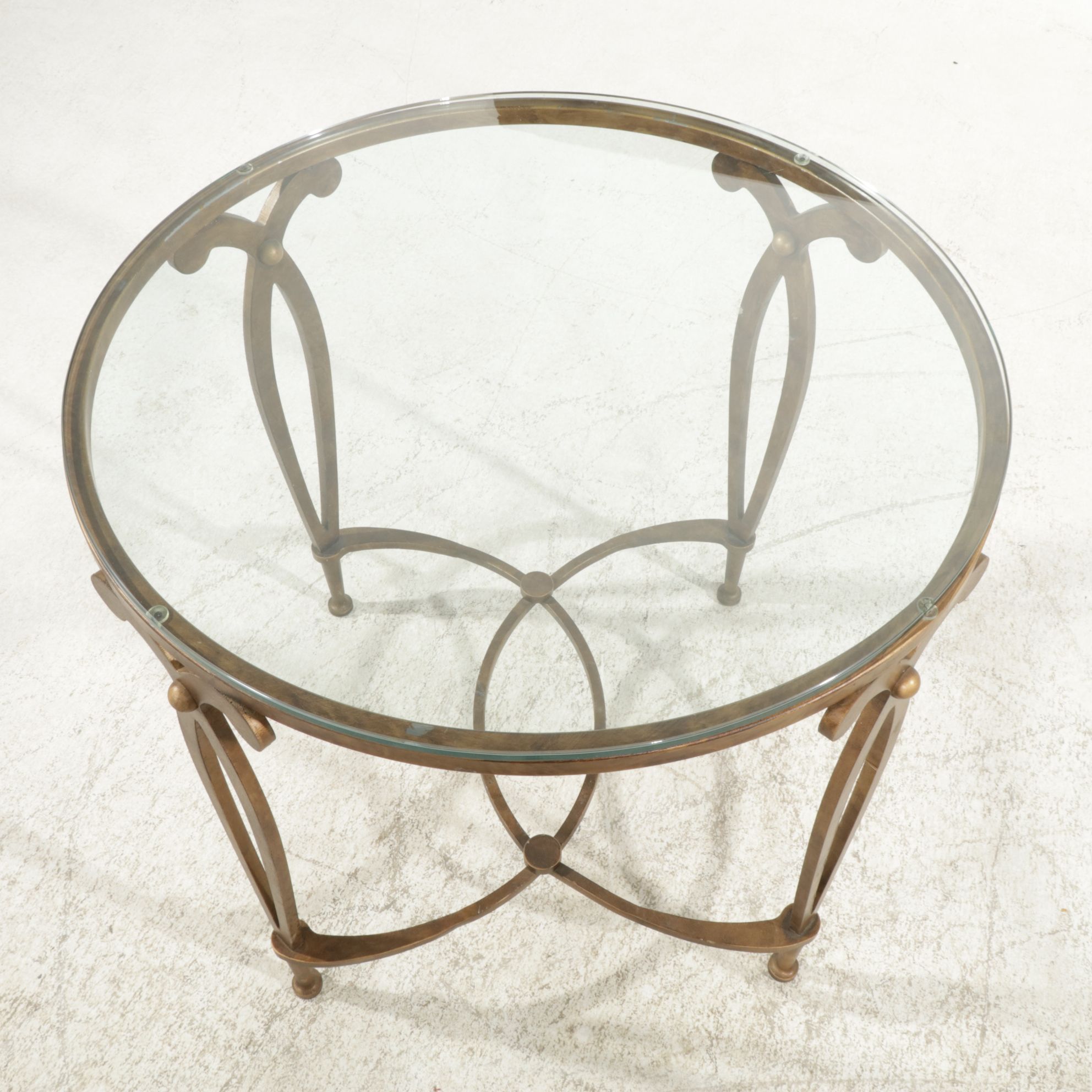 Two Round Metal "Fleur de Lis" Side Tables with Glass Tops, Late 20th Century