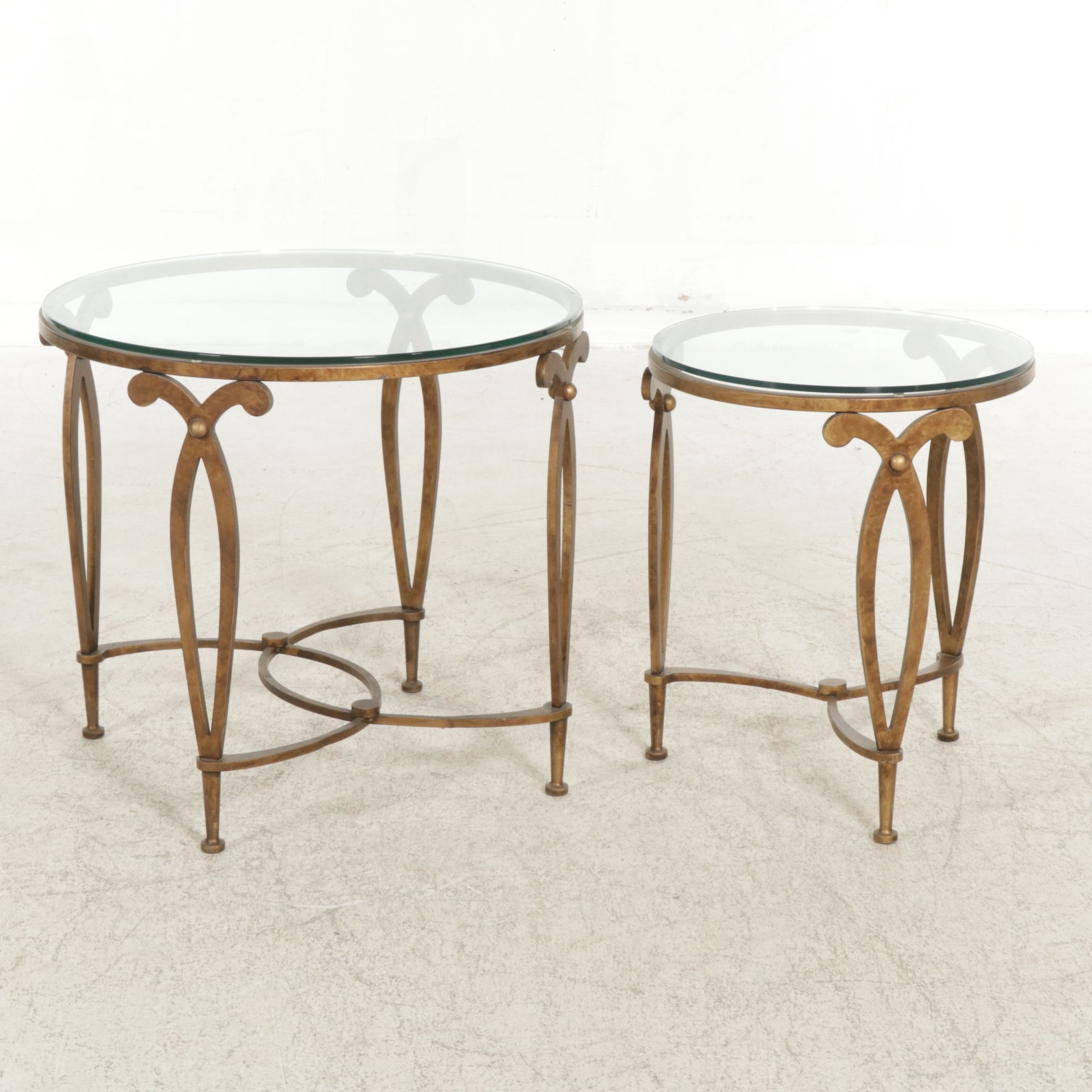 Two Round Metal "Fleur de Lis" Side Tables with Glass Tops, Late 20th Century