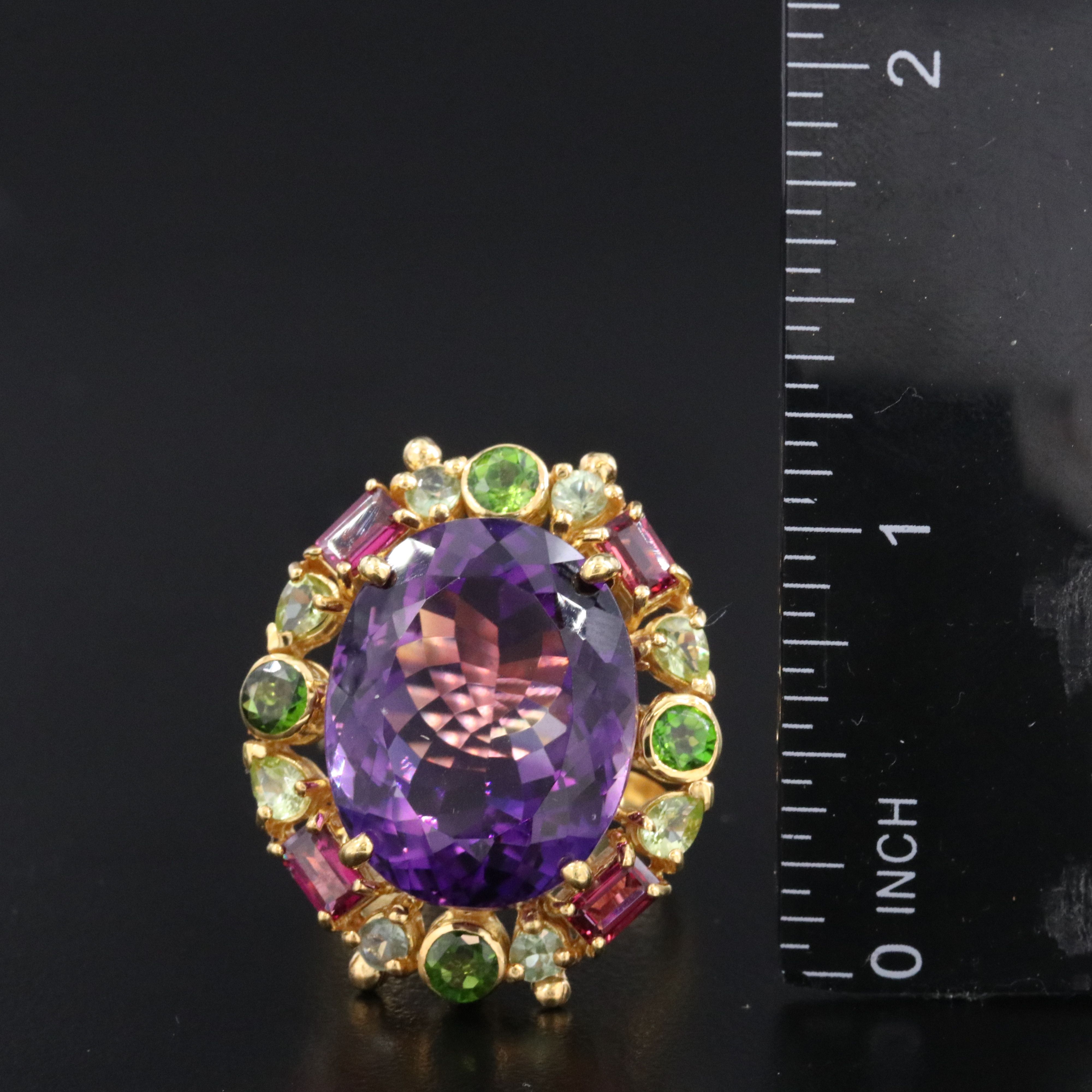 Sterling Amethyst, Diopside and Rhodolite Garnet Halo Ring