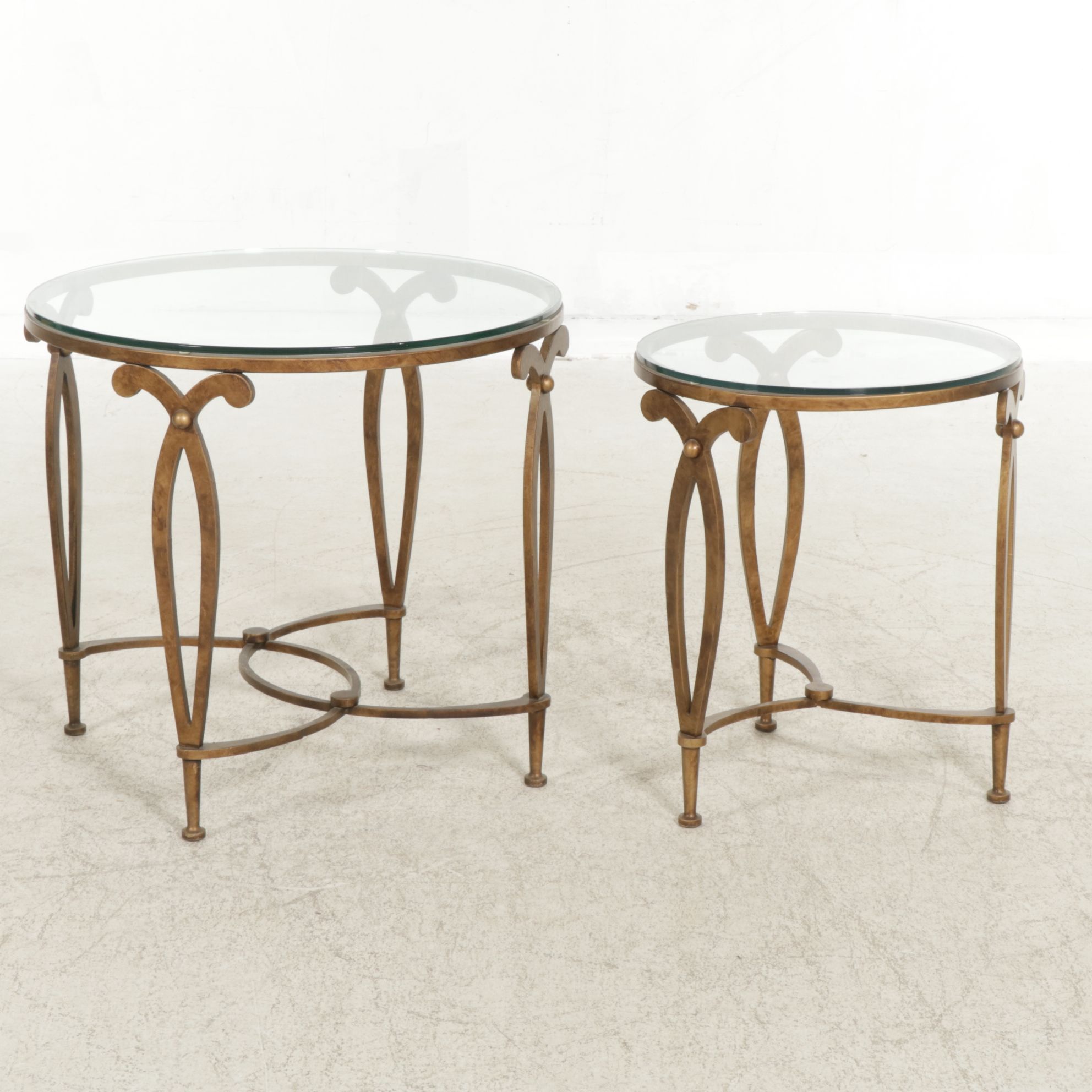 Two Round Metal "Fleur de Lis" Side Tables with Glass Tops, Late 20th Century