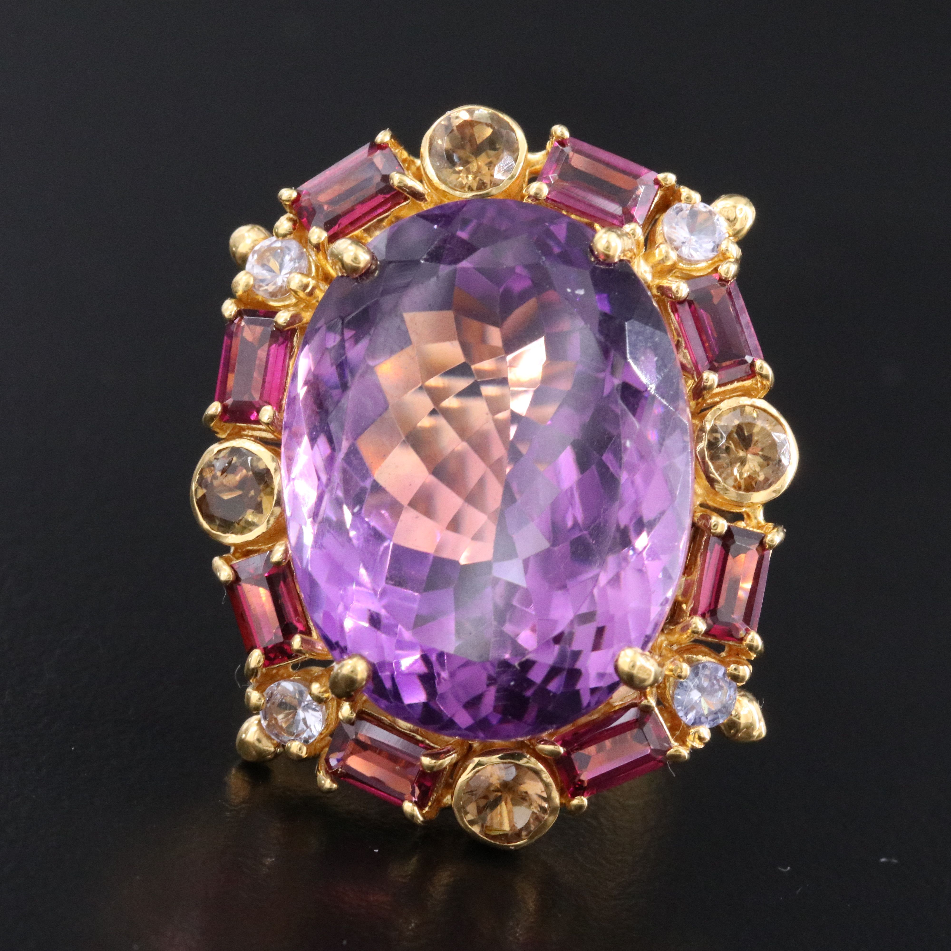 Sterling Amethyst, Rhodolite Garnet and Apatite Halo Ring