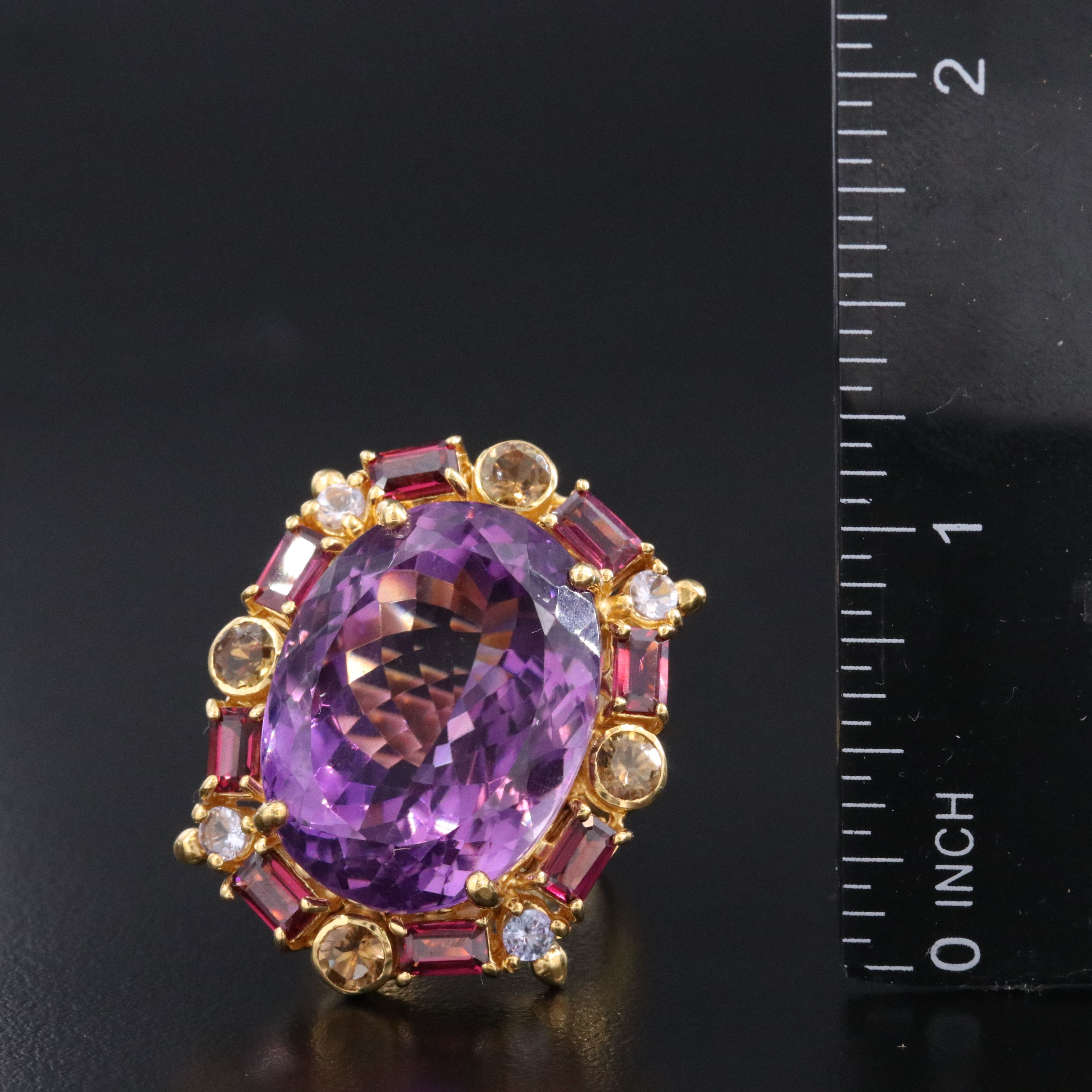 Sterling Amethyst, Rhodolite Garnet and Apatite Halo Ring