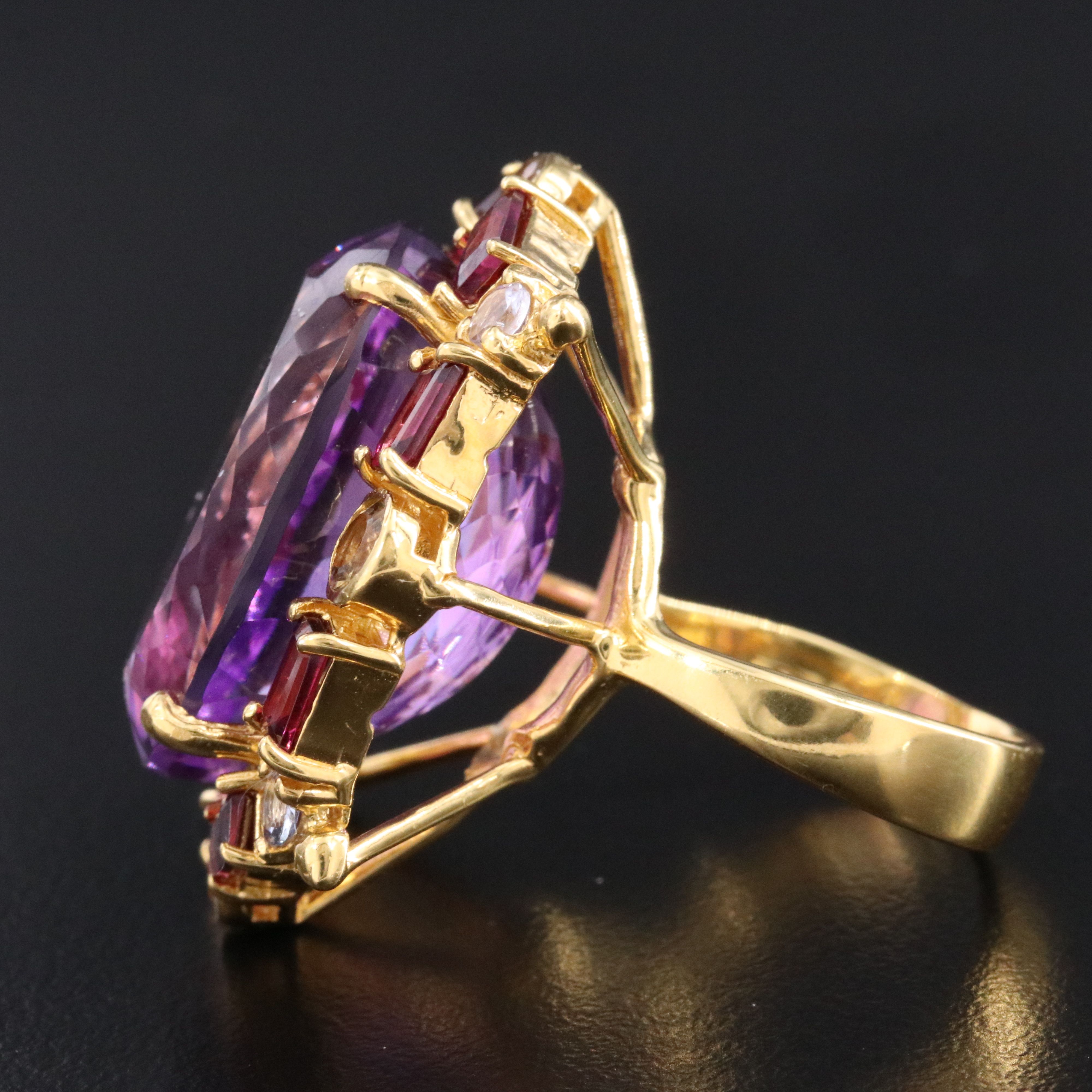 Sterling Amethyst, Rhodolite Garnet and Apatite Halo Ring