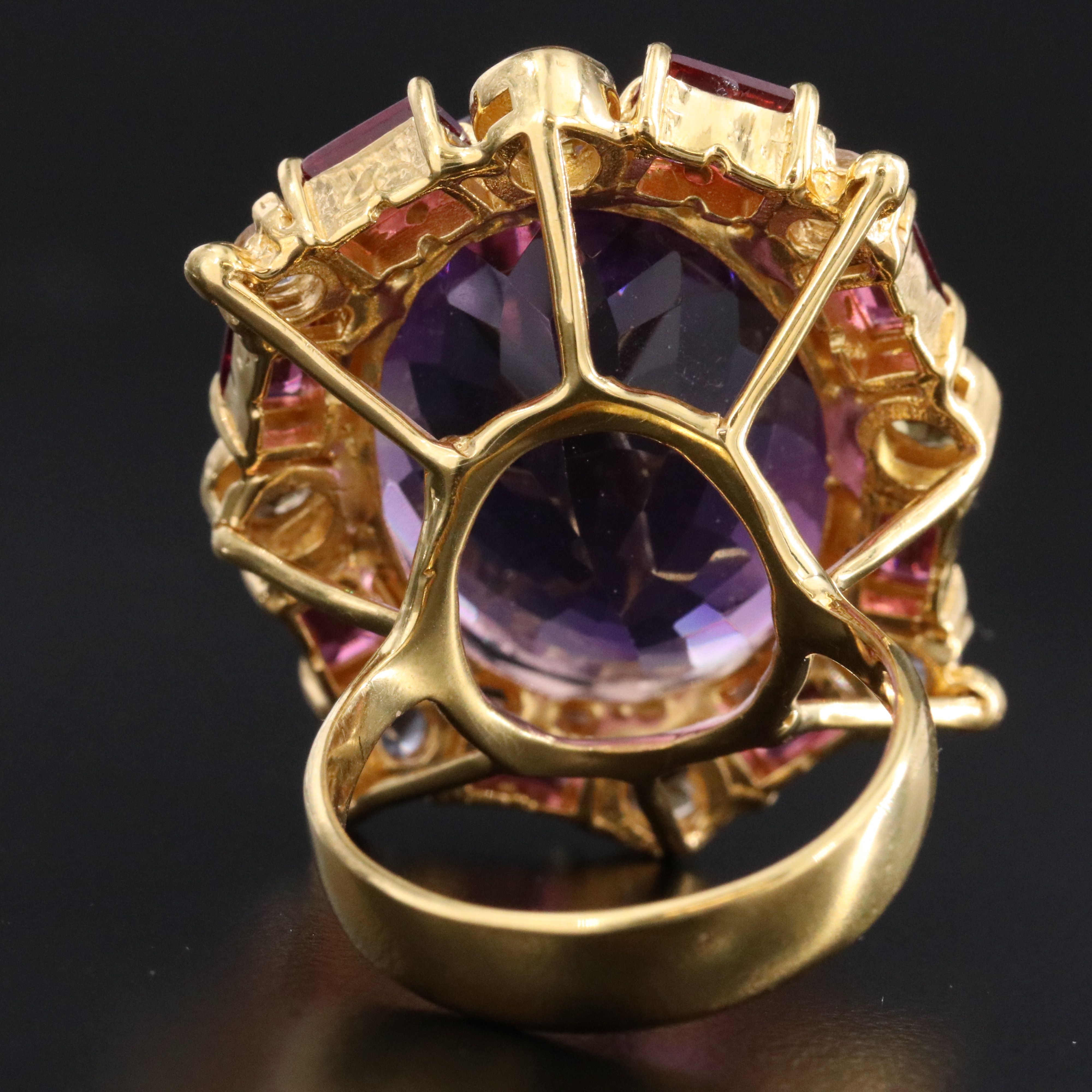 Sterling Amethyst, Rhodolite Garnet and Apatite Halo Ring