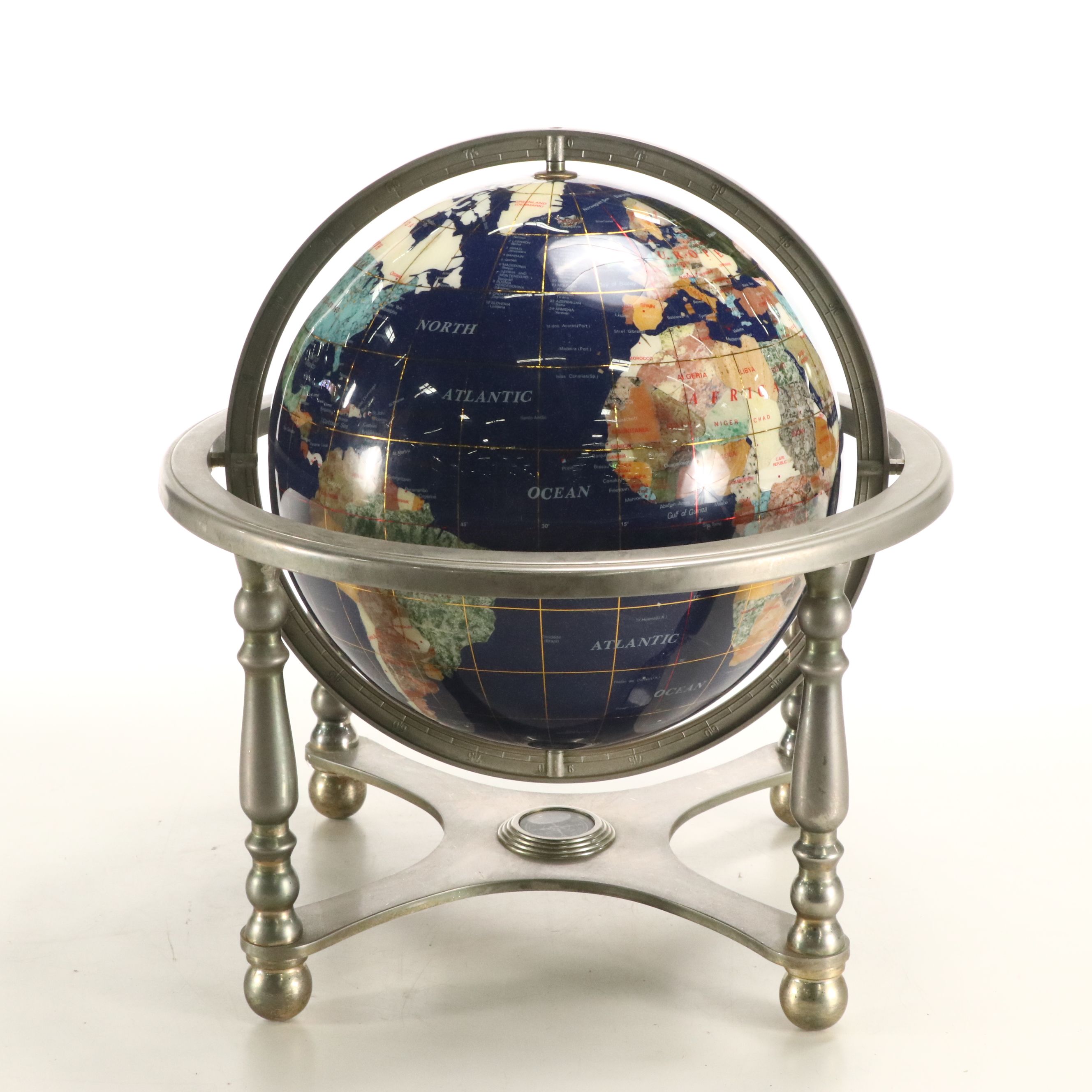 Gemstone Inlaid Globe on Footed Brass Finish Compass Stand