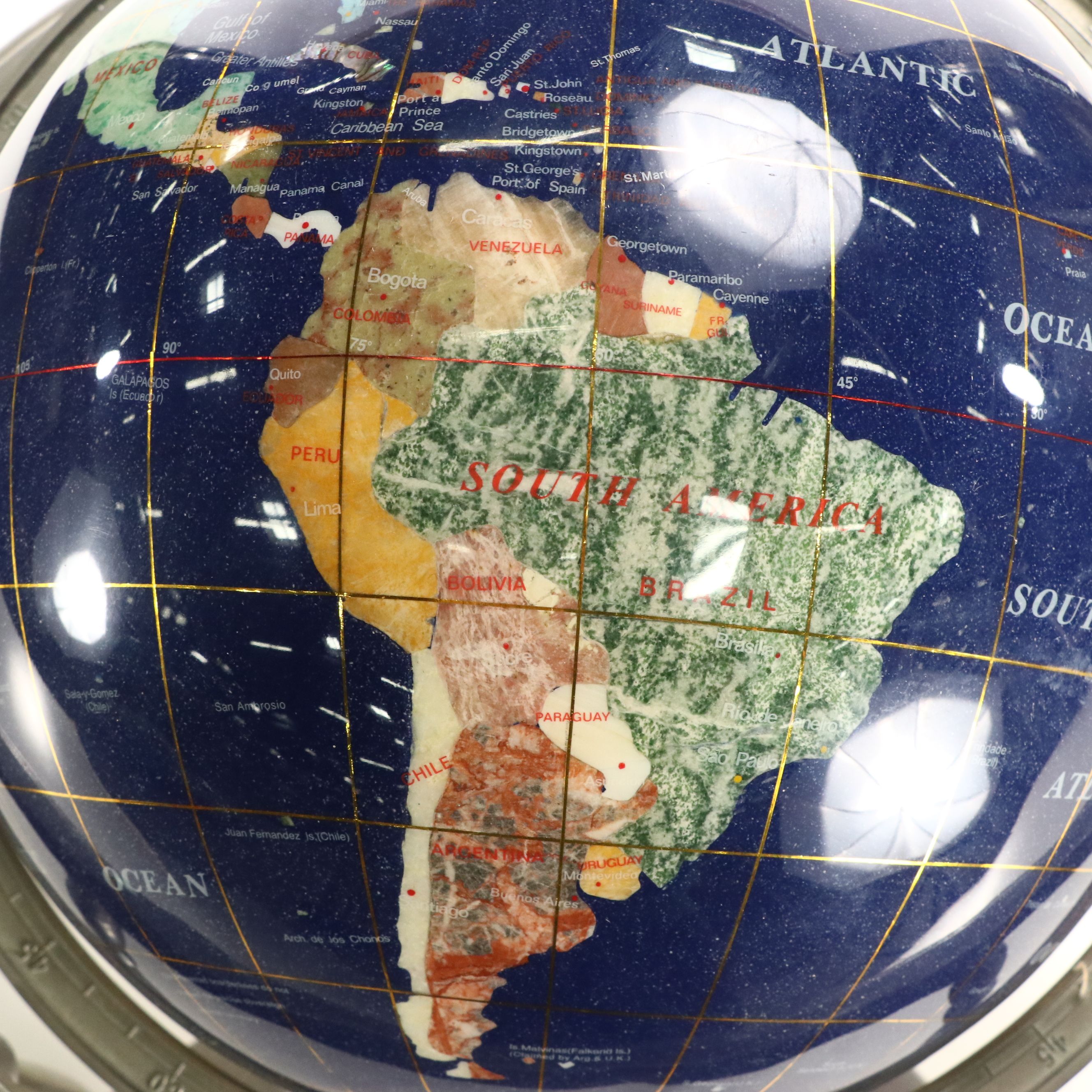 Gemstone Inlaid Globe on Footed Brass Finish Compass Stand