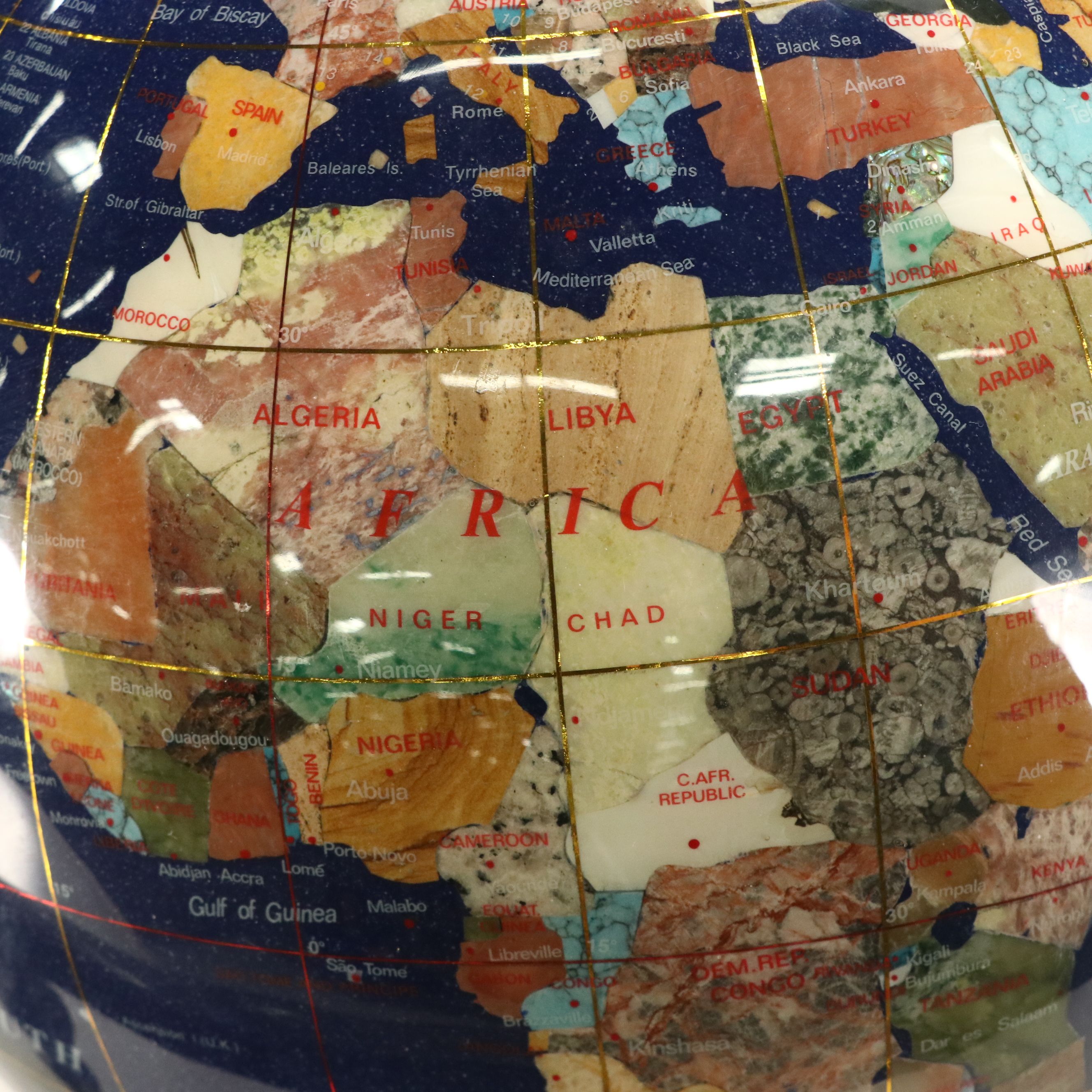 Gemstone Inlaid Globe on Footed Brass Finish Compass Stand