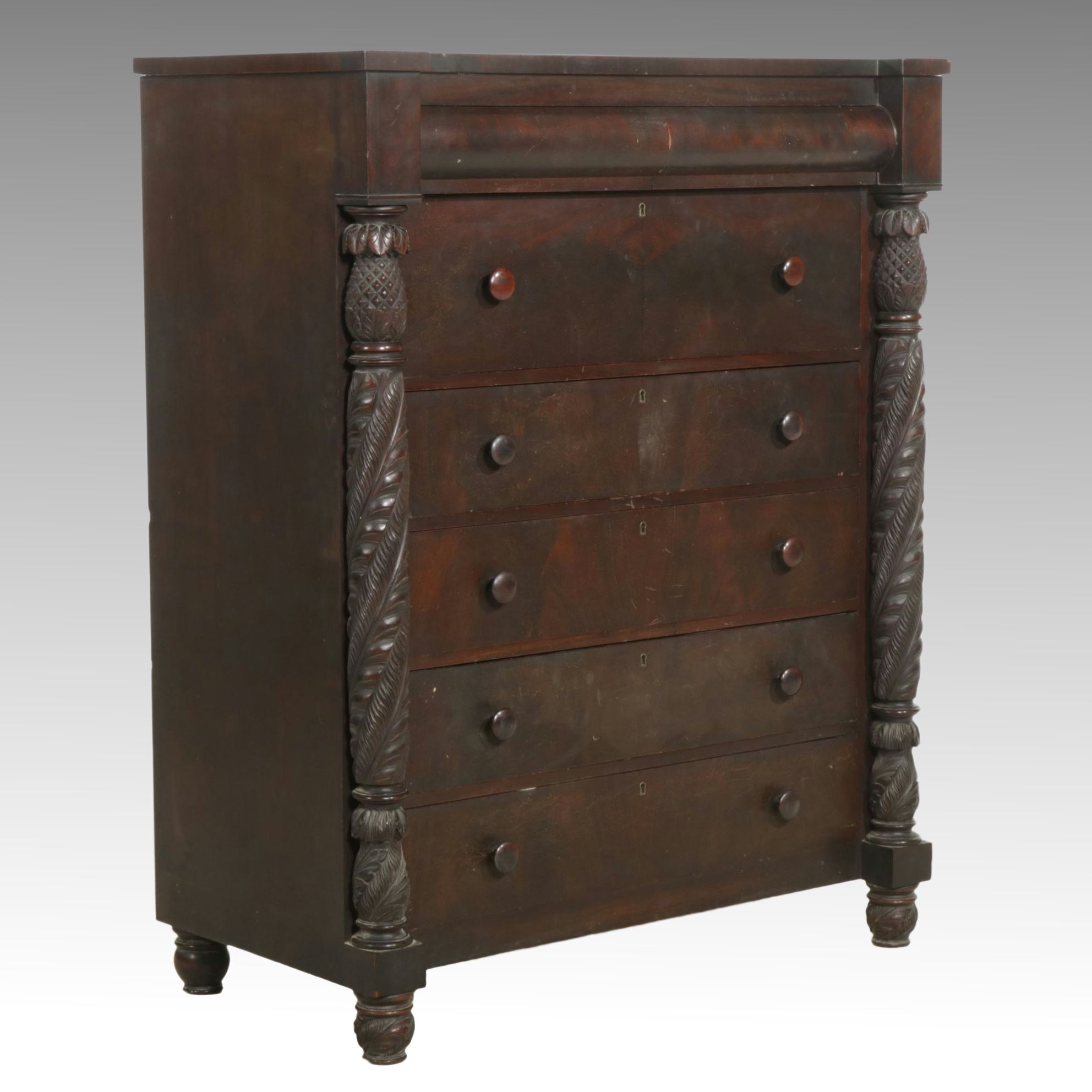 Empire Style Mahogany Chest of Drawers with Pineapple Columns, Late 19th Century