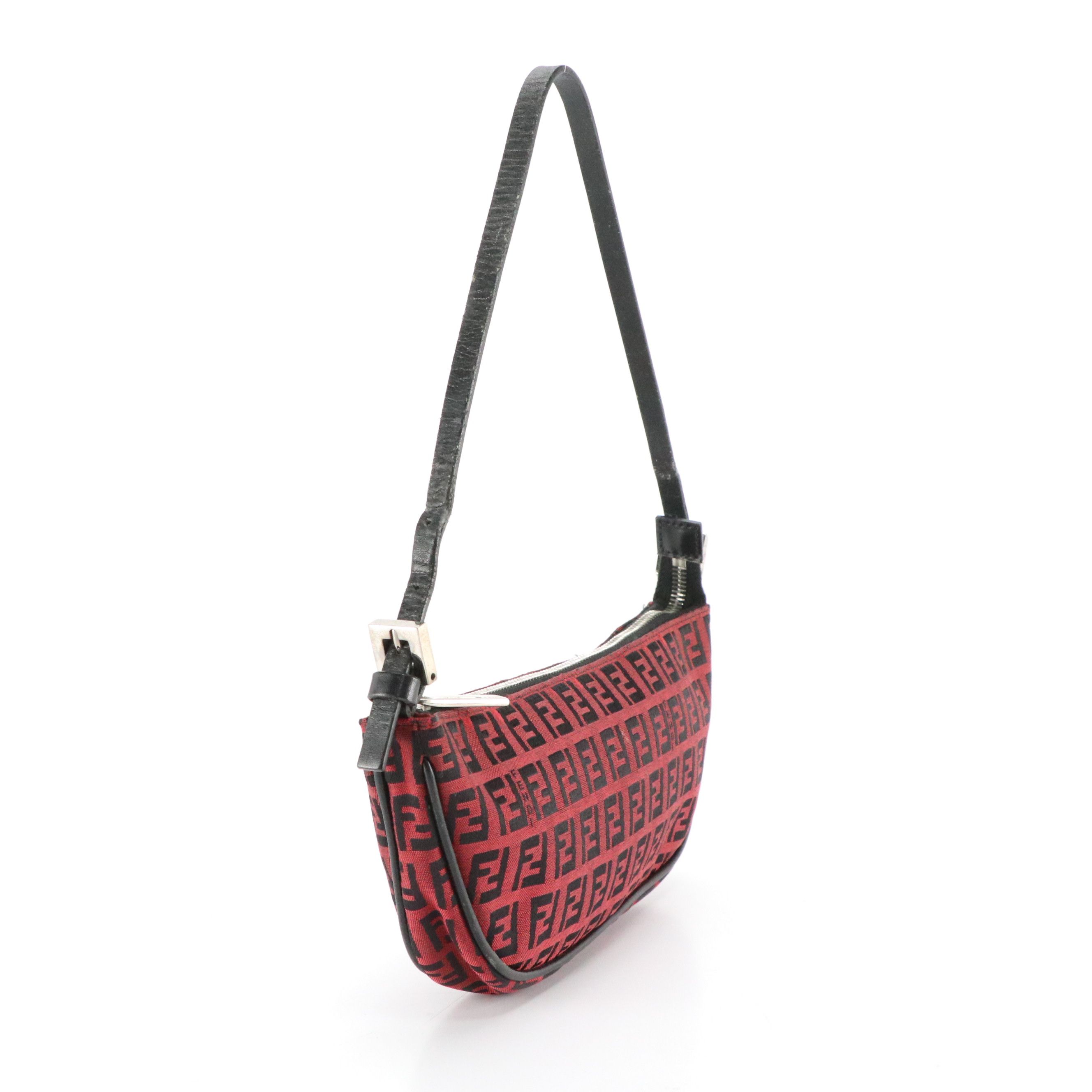 Fendi Boat Pochette Shoulder Bag in Red Zucchino Canvas and Black Leather