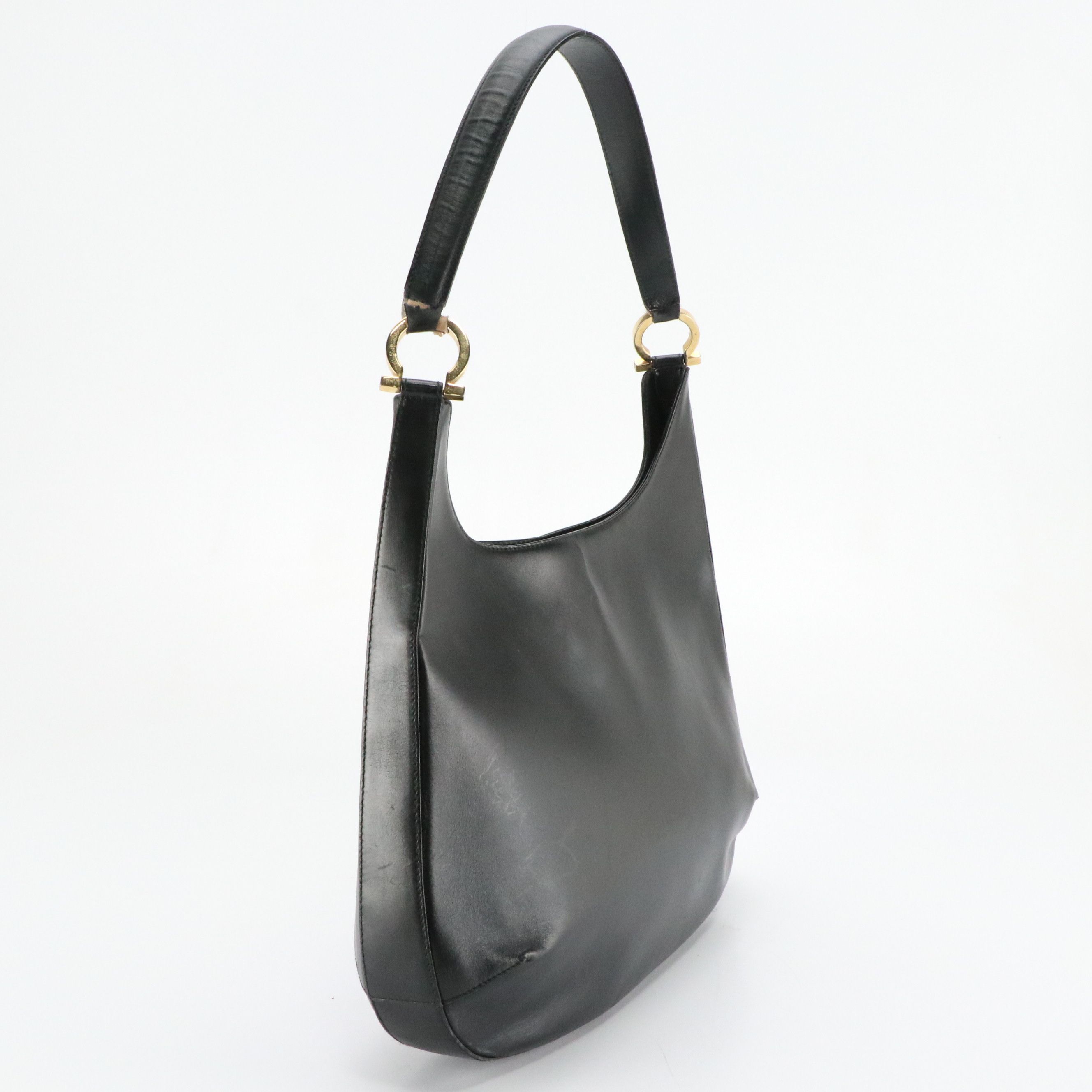 Salvatore Ferragamo Gancini Hobo Shoulder Bag in Black Calfskin Leather