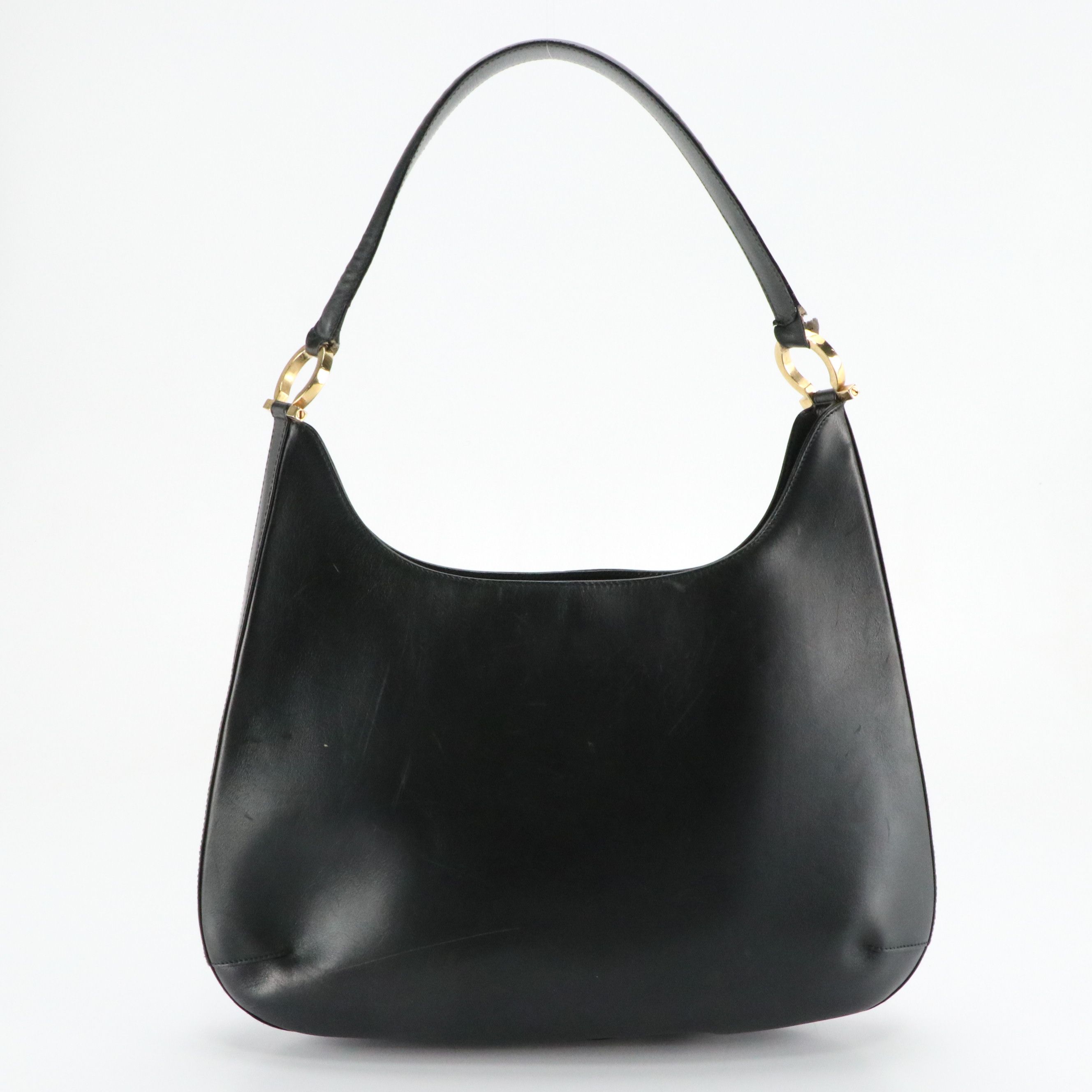 Salvatore Ferragamo Gancini Hobo Shoulder Bag in Black Calfskin Leather
