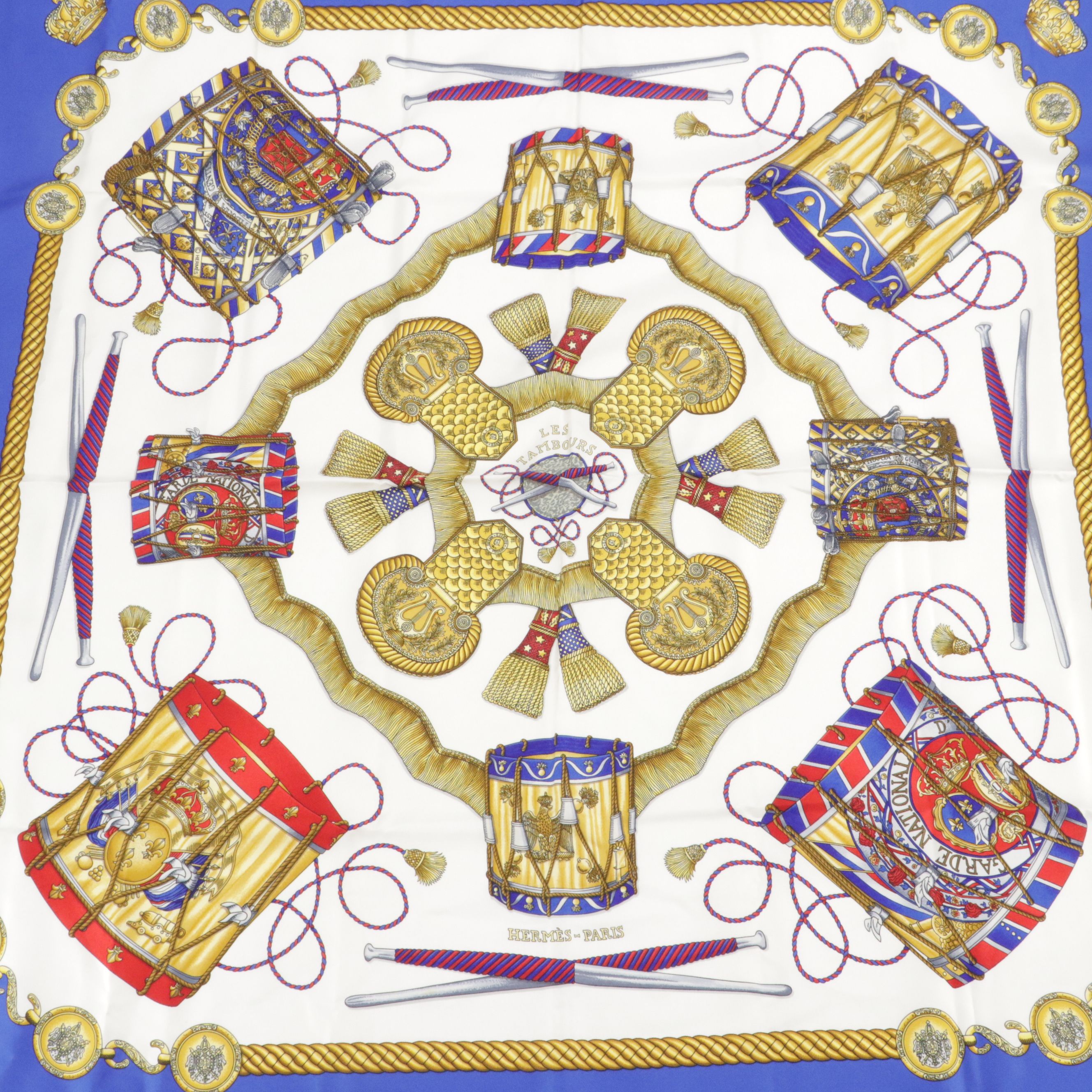 Hermès "Les Tambours" Scarf 90 in Silk Twill