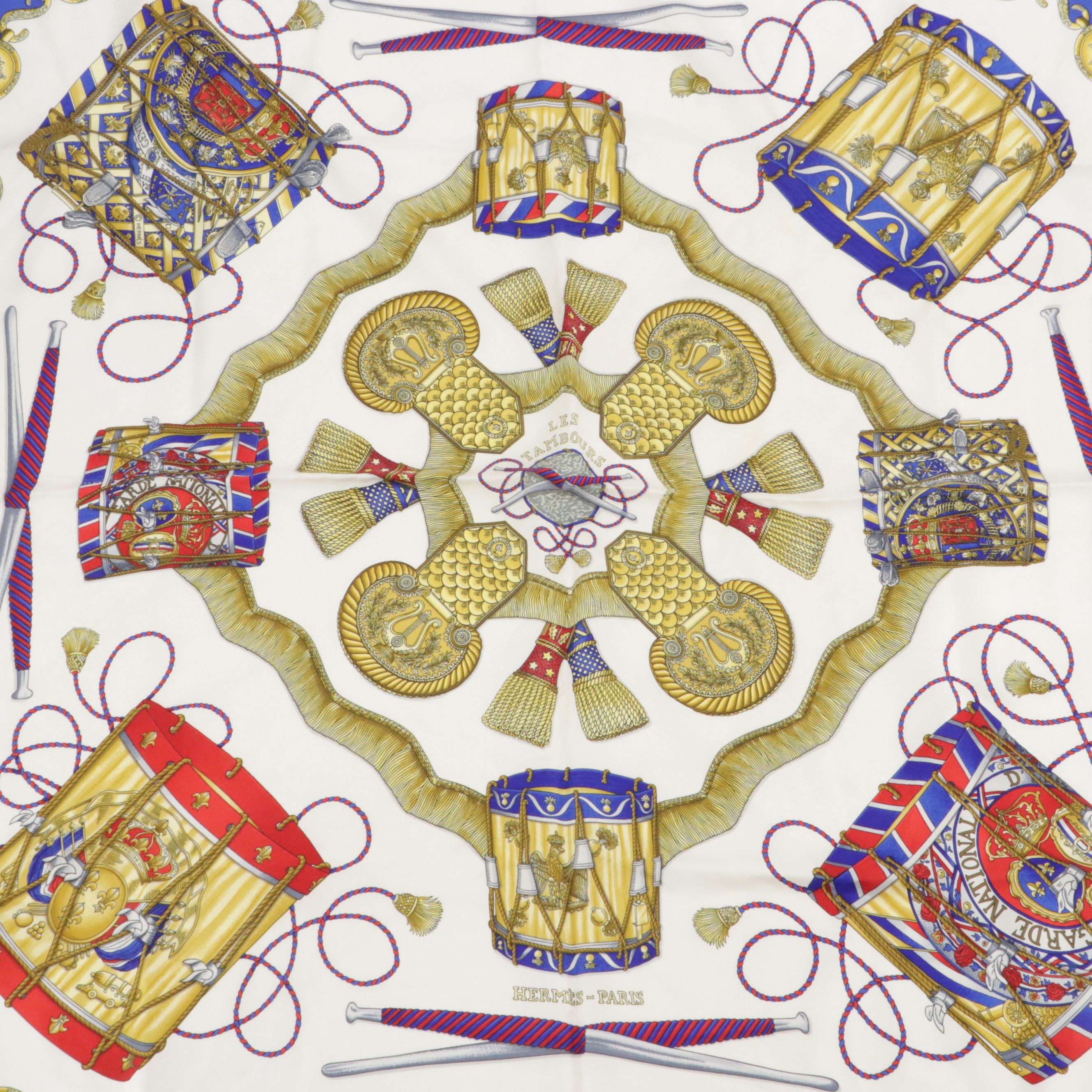 Hermès "Les Tambours" Scarf 90 in Silk Twill