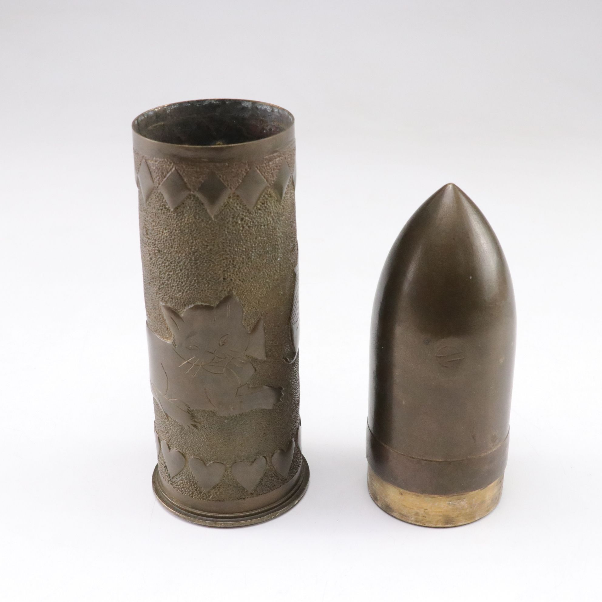WWI and WWII Trench Art with Embossed Cat and Pig Motif