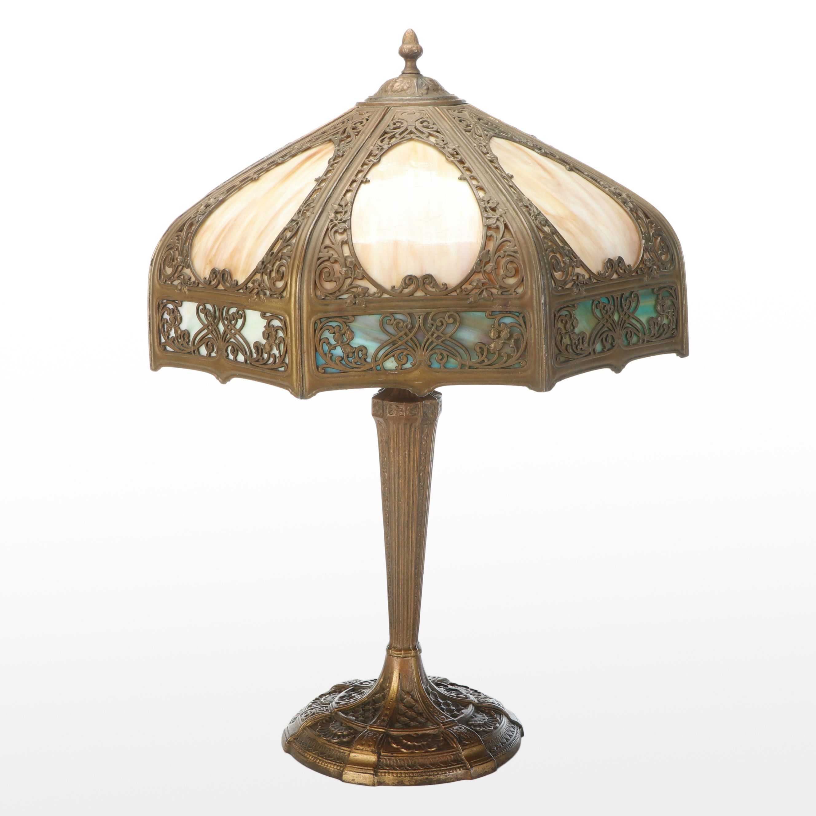 Empire Revival Style Giltmetal Lamp and Art Nouveau Bent Panel Slag Glass Shade
