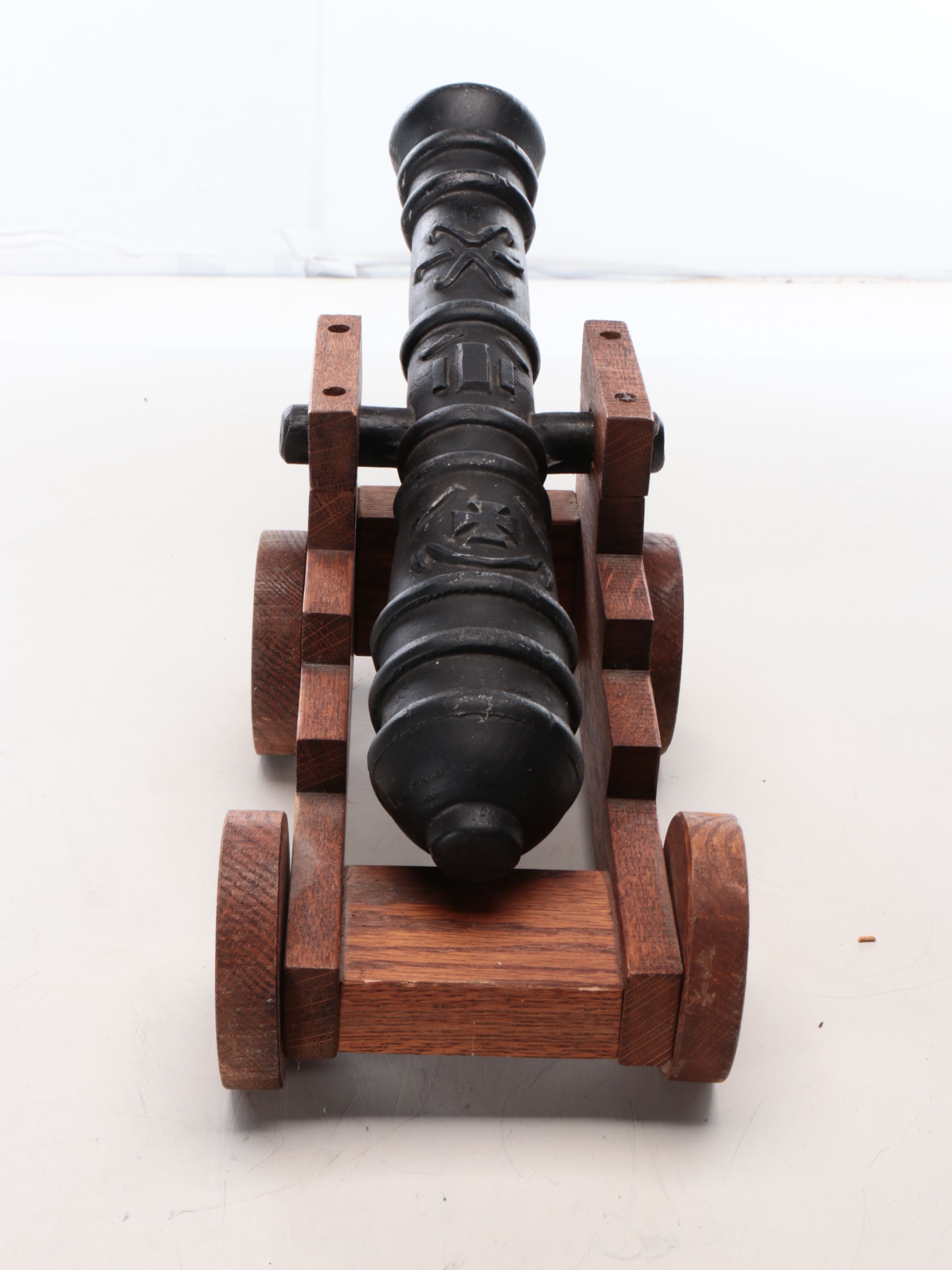 Miniature Cast Metal Cannon with Wooden Rolling Base