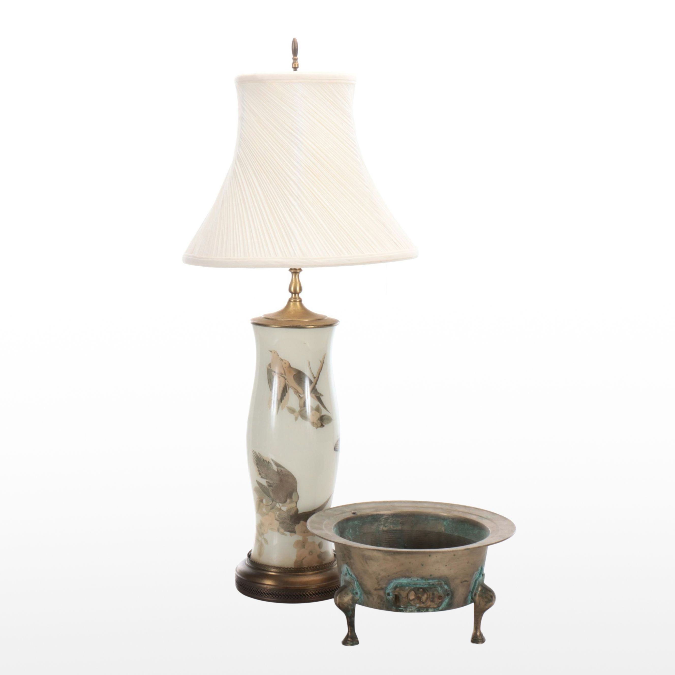 Transfer-Decorated Porcelain Table Lamp with Bronze Footed Brazier