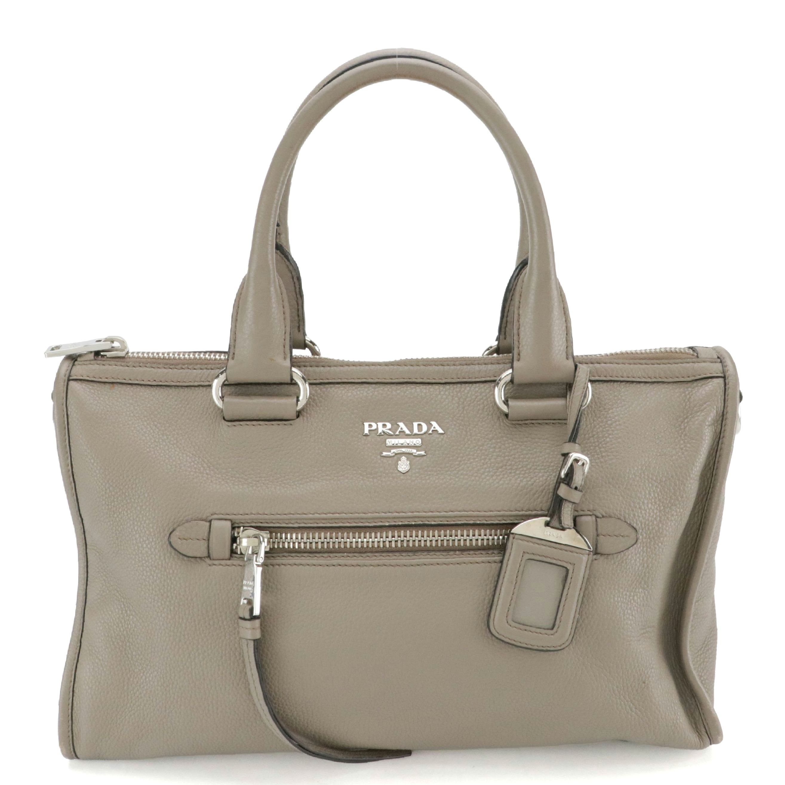 Prada Front Zip Top Handle Two-Way Bag in Grey Vitello Daino Leather