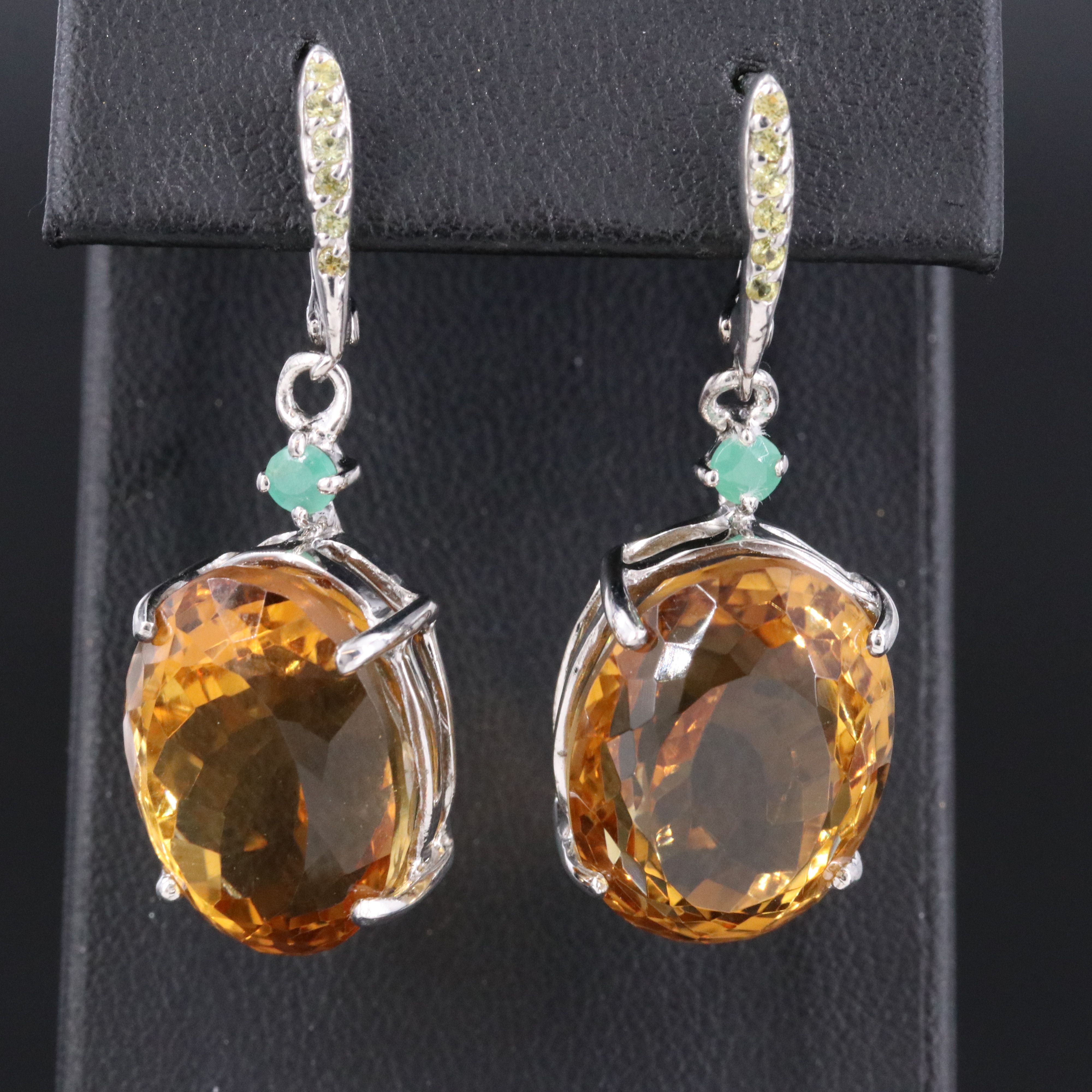 Sterling Citrine and Emerald Earrings