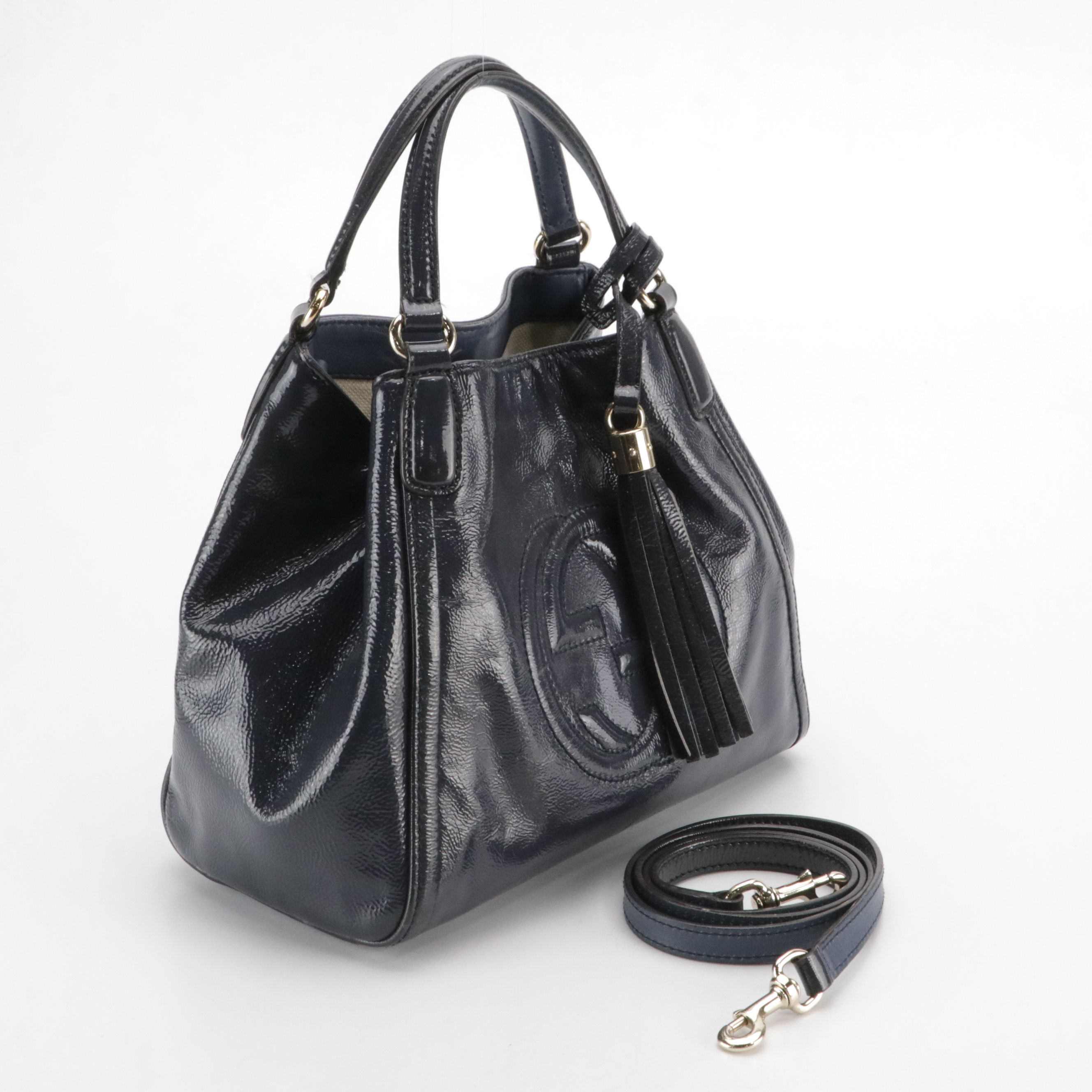 Gucci Small Soho Tassel Two-Way Tote Bag in Dark Blue Patent Leather
