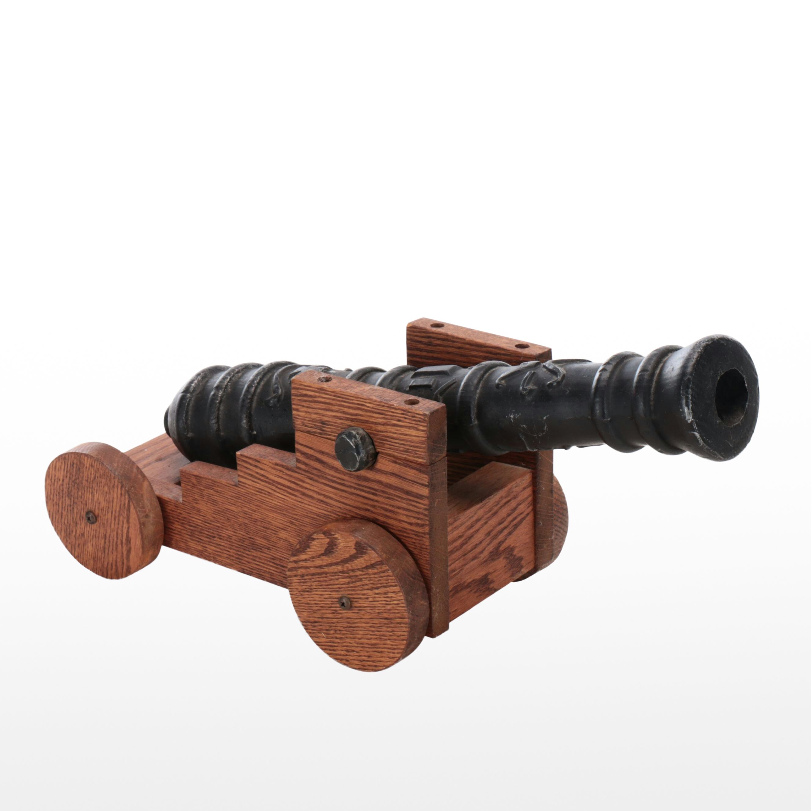 Miniature Cast Metal Cannon with Wooden Rolling Base