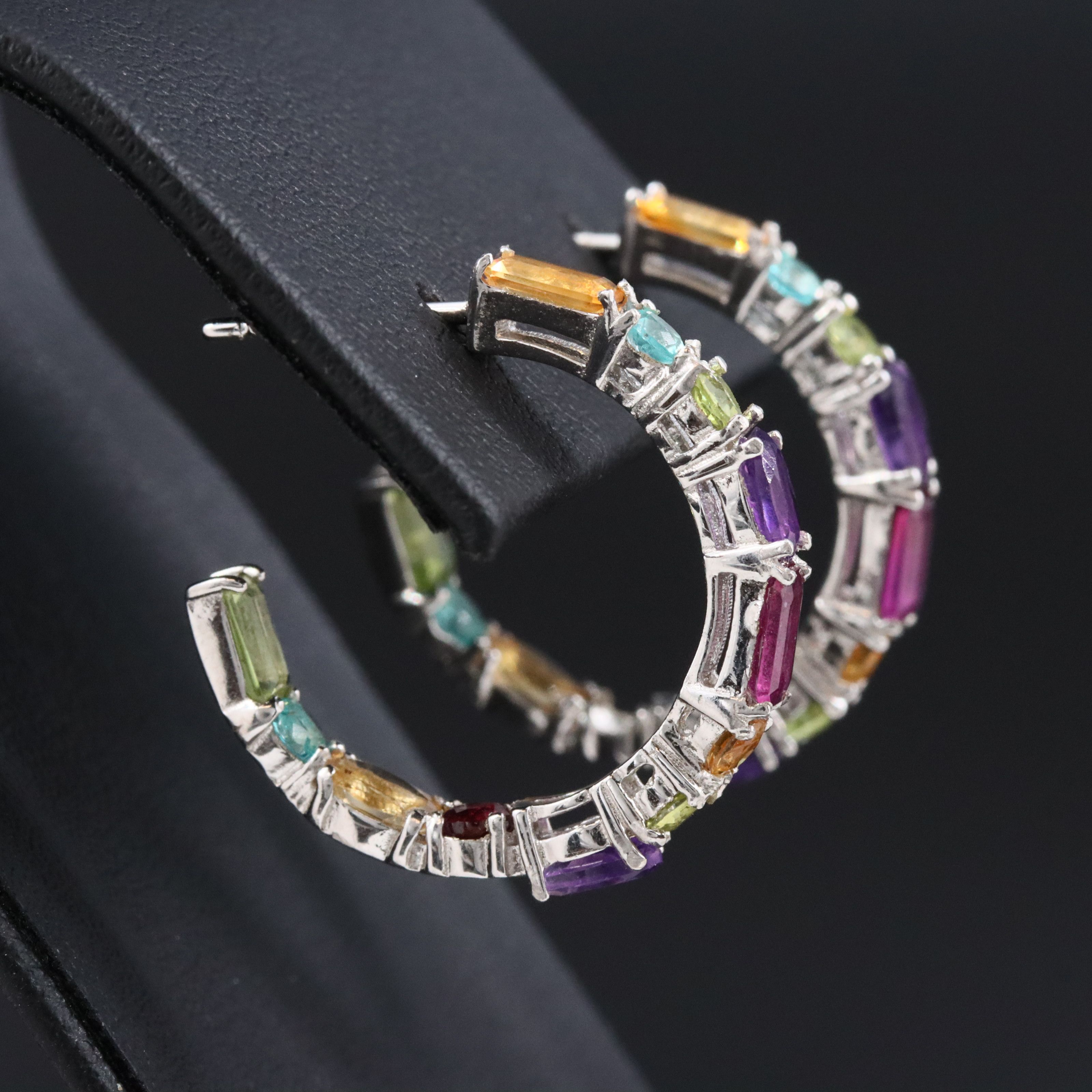 Sterling Inside-Out Hoop Earrings Including Amethyst, Rhodolite Garnet & Citrine