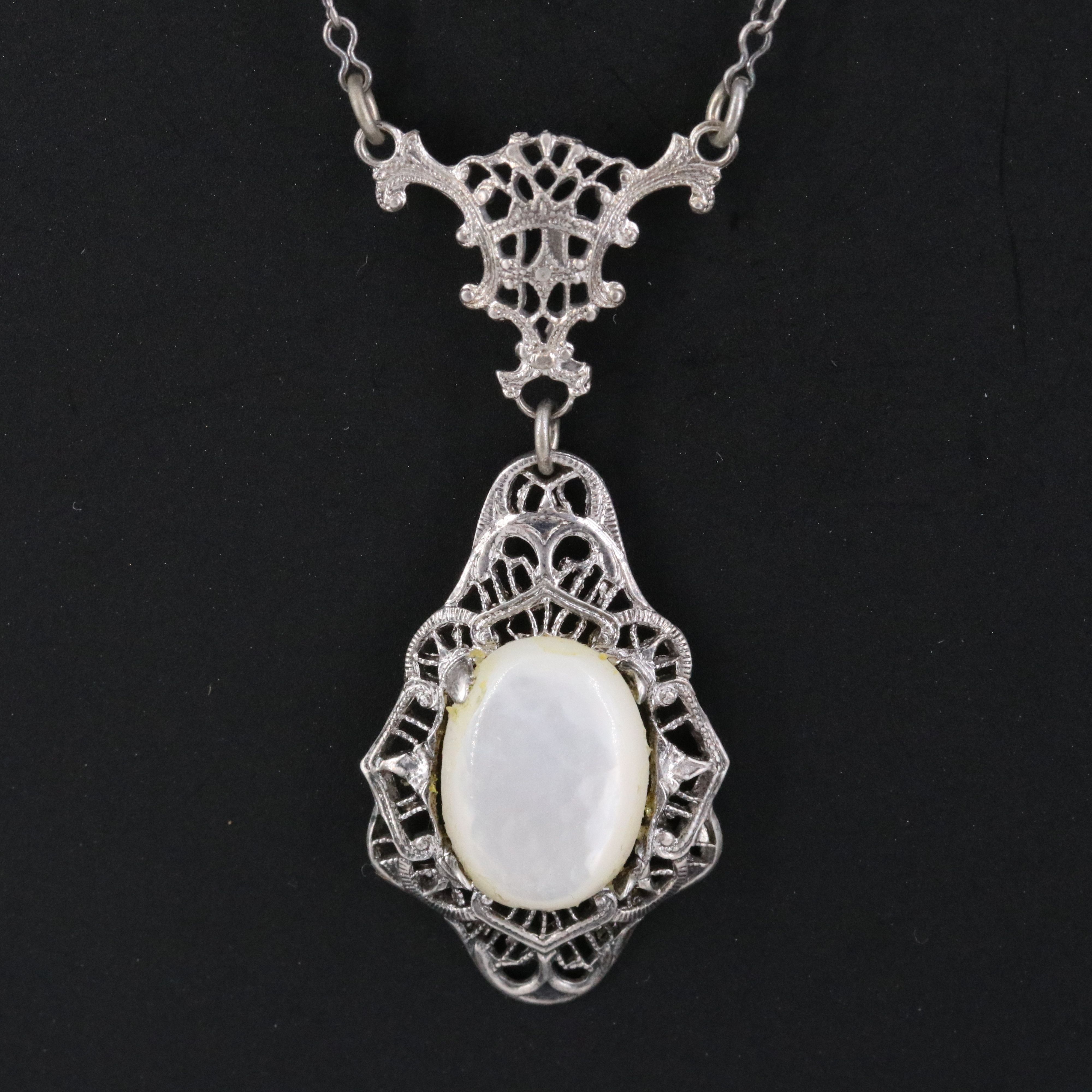 1930s Mother-of-Pearl Filigree Lavalier Necklace