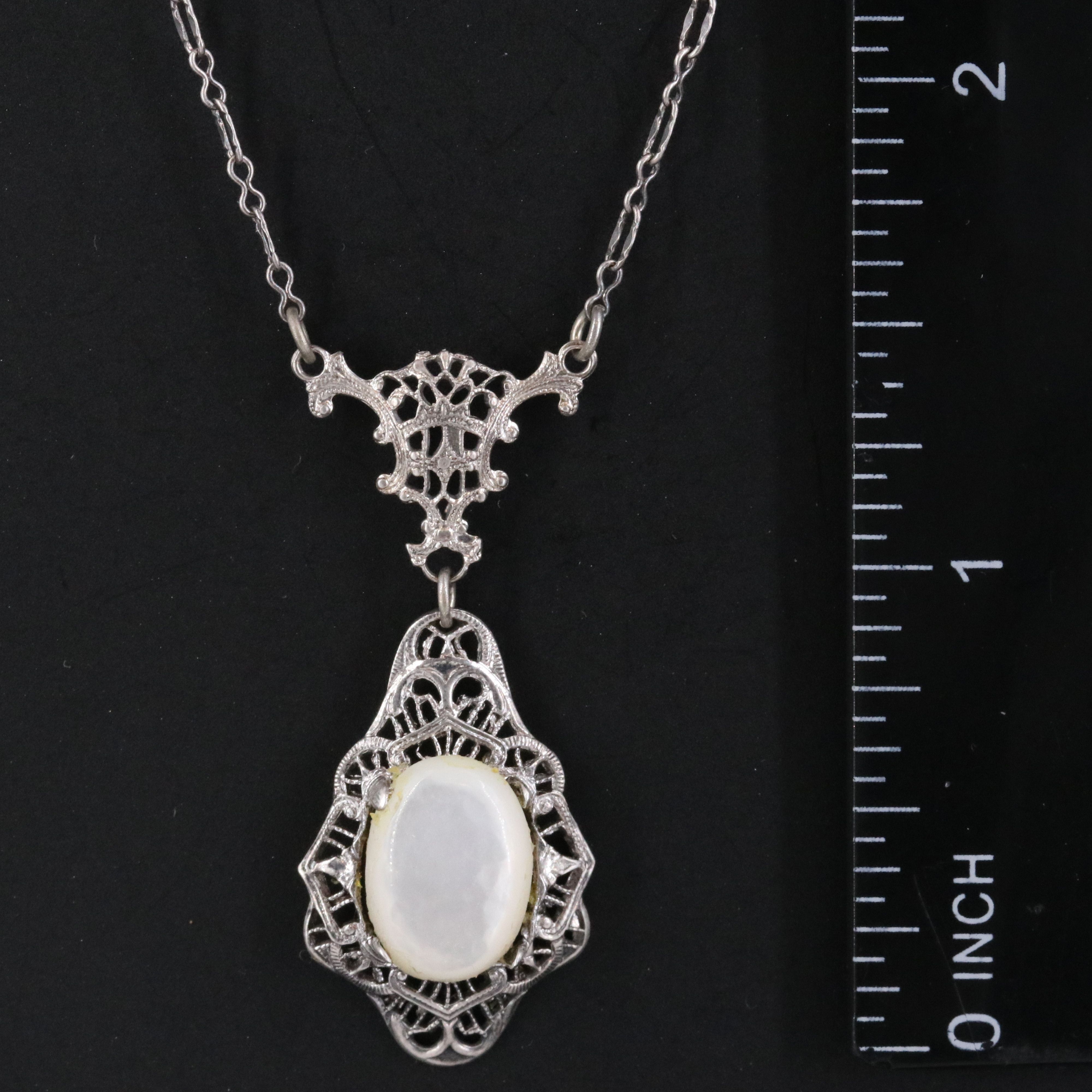 1930s Mother-of-Pearl Filigree Lavalier Necklace