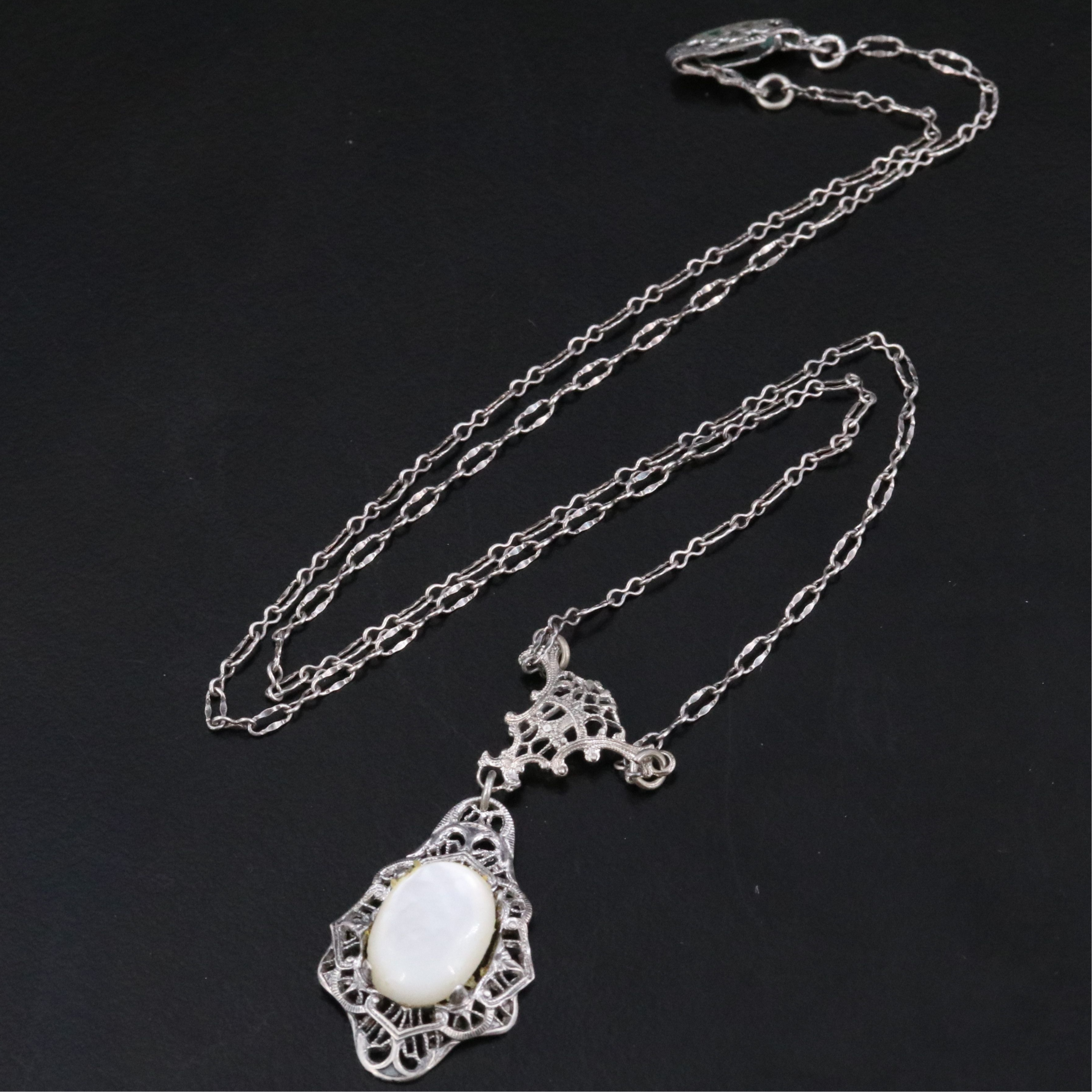1930s Mother-of-Pearl Filigree Lavalier Necklace