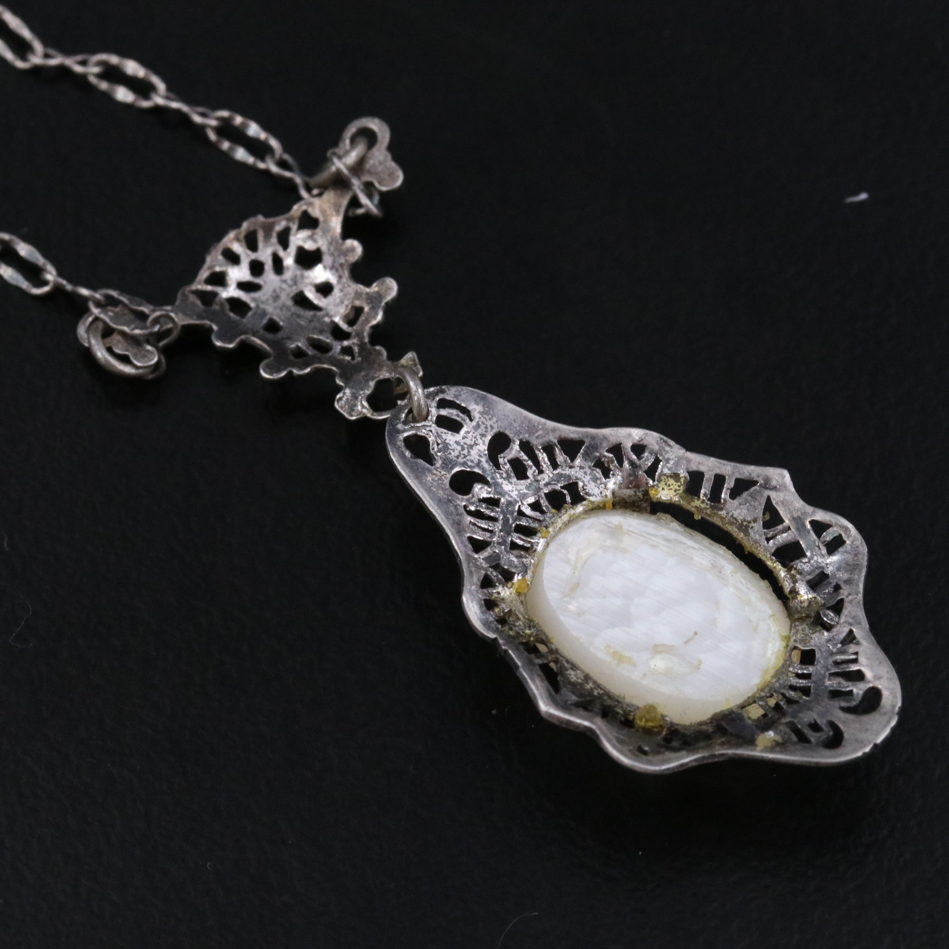 1930s Mother-of-Pearl Filigree Lavalier Necklace