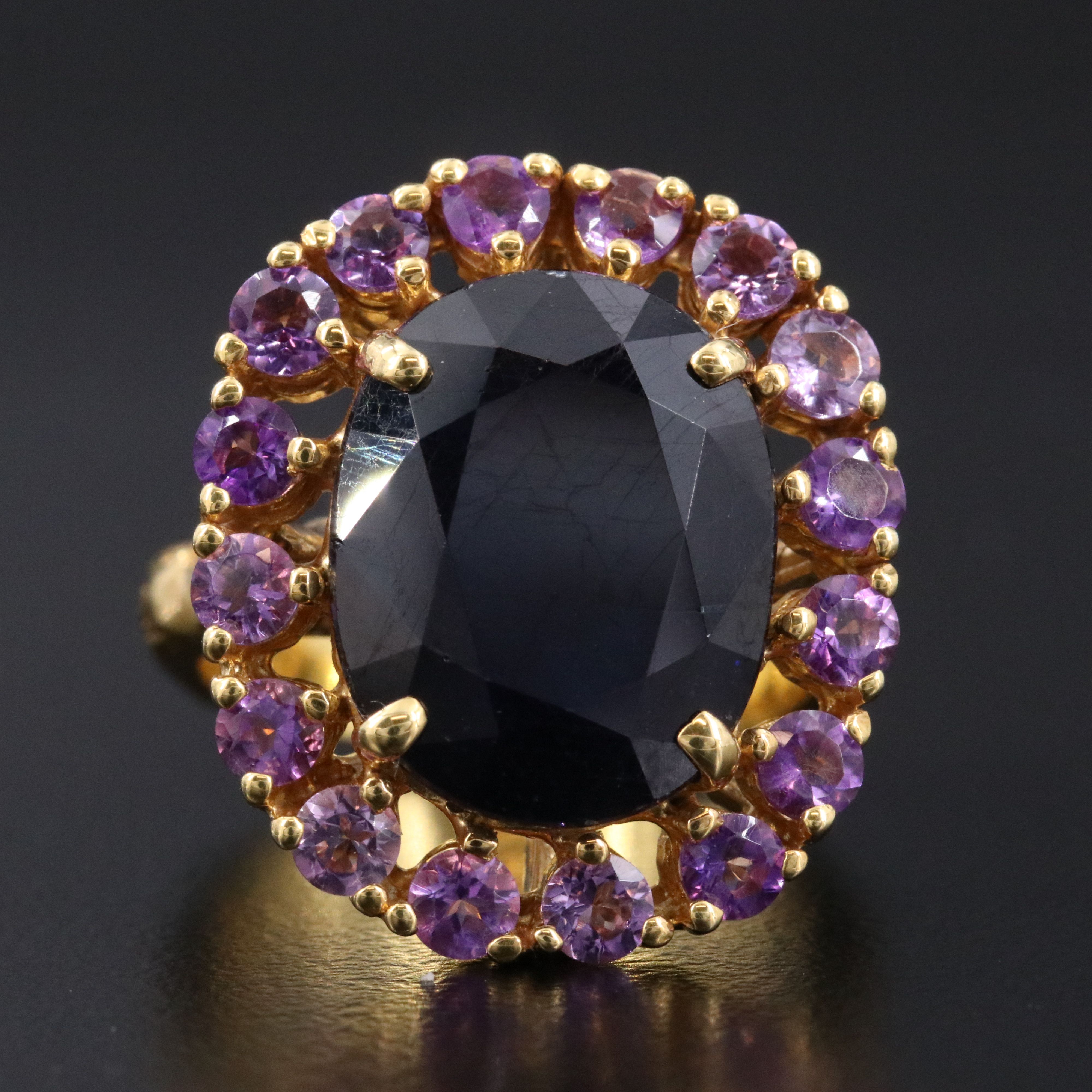 Gold Tone Sterling Ring with Filled Corundum and Amethyst