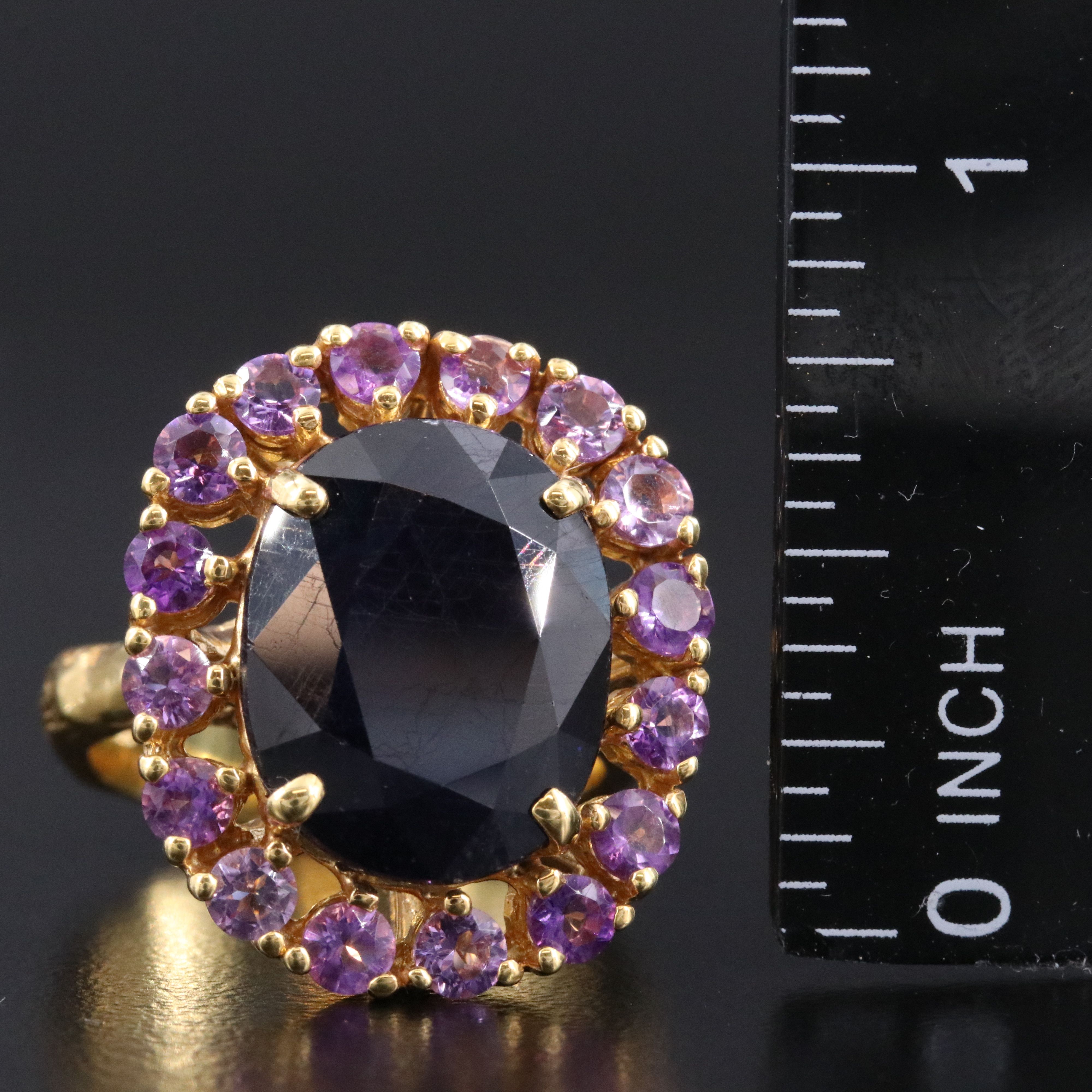 Gold Tone Sterling Ring with Filled Corundum and Amethyst