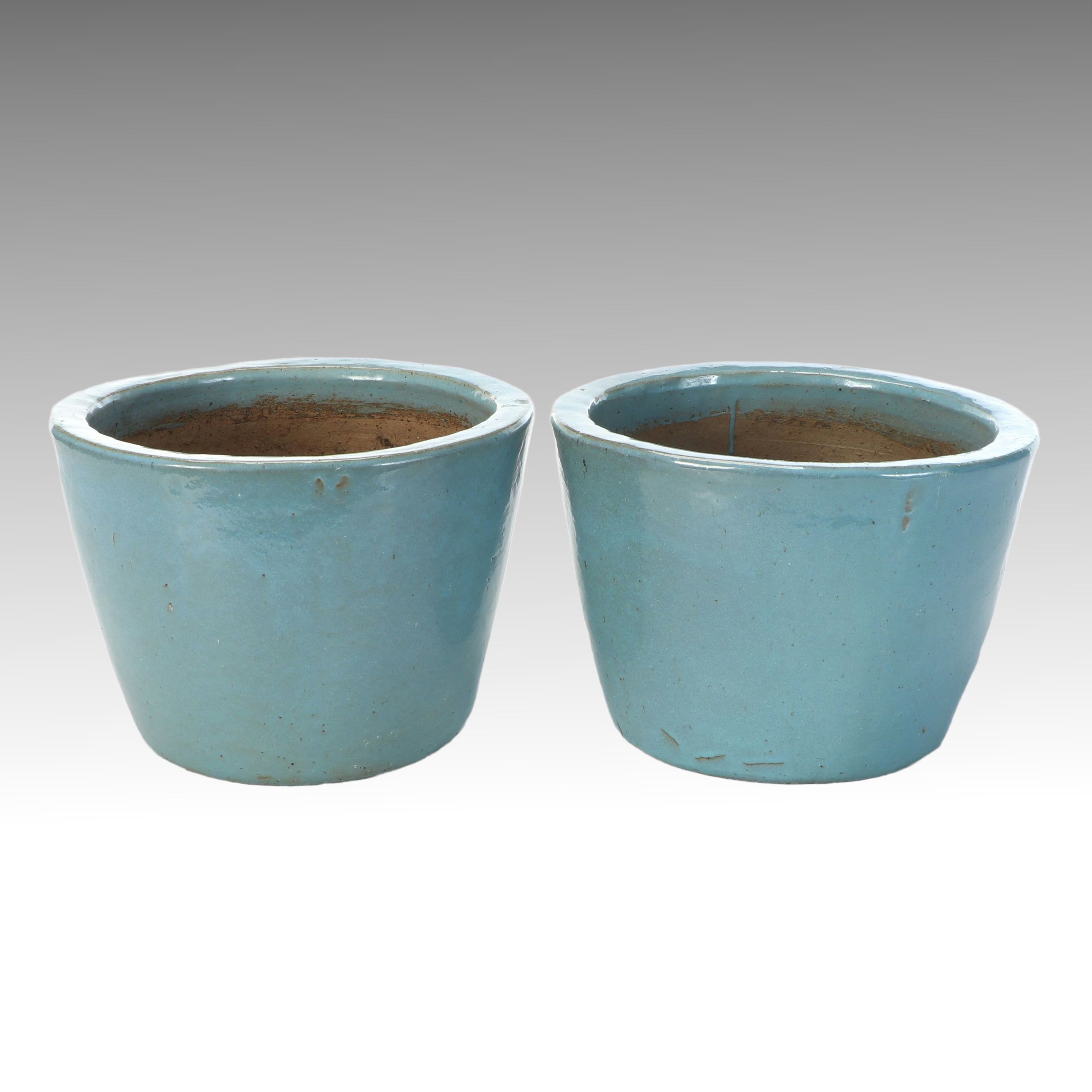 Pair of Blue Glazed Ceramic Planters