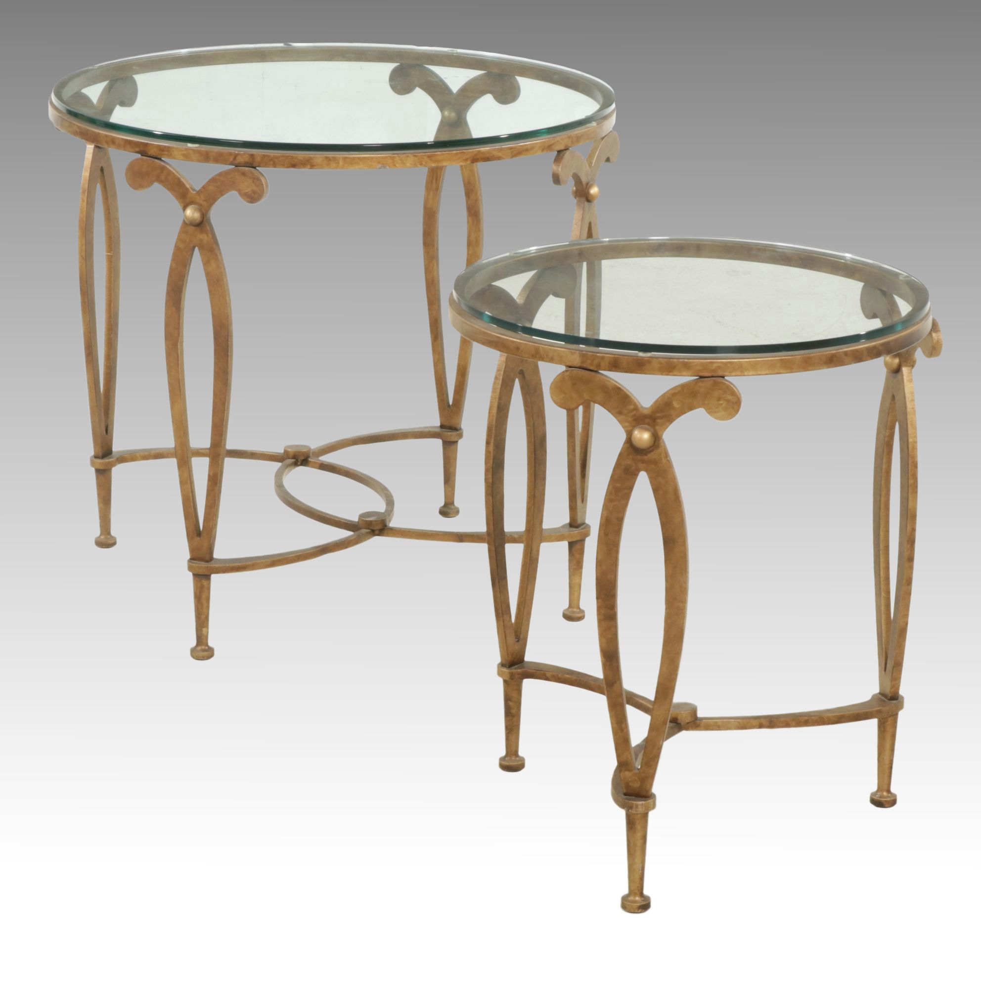 Two Round Metal "Fleur de Lis" Side Tables with Glass Tops, Late 20th Century