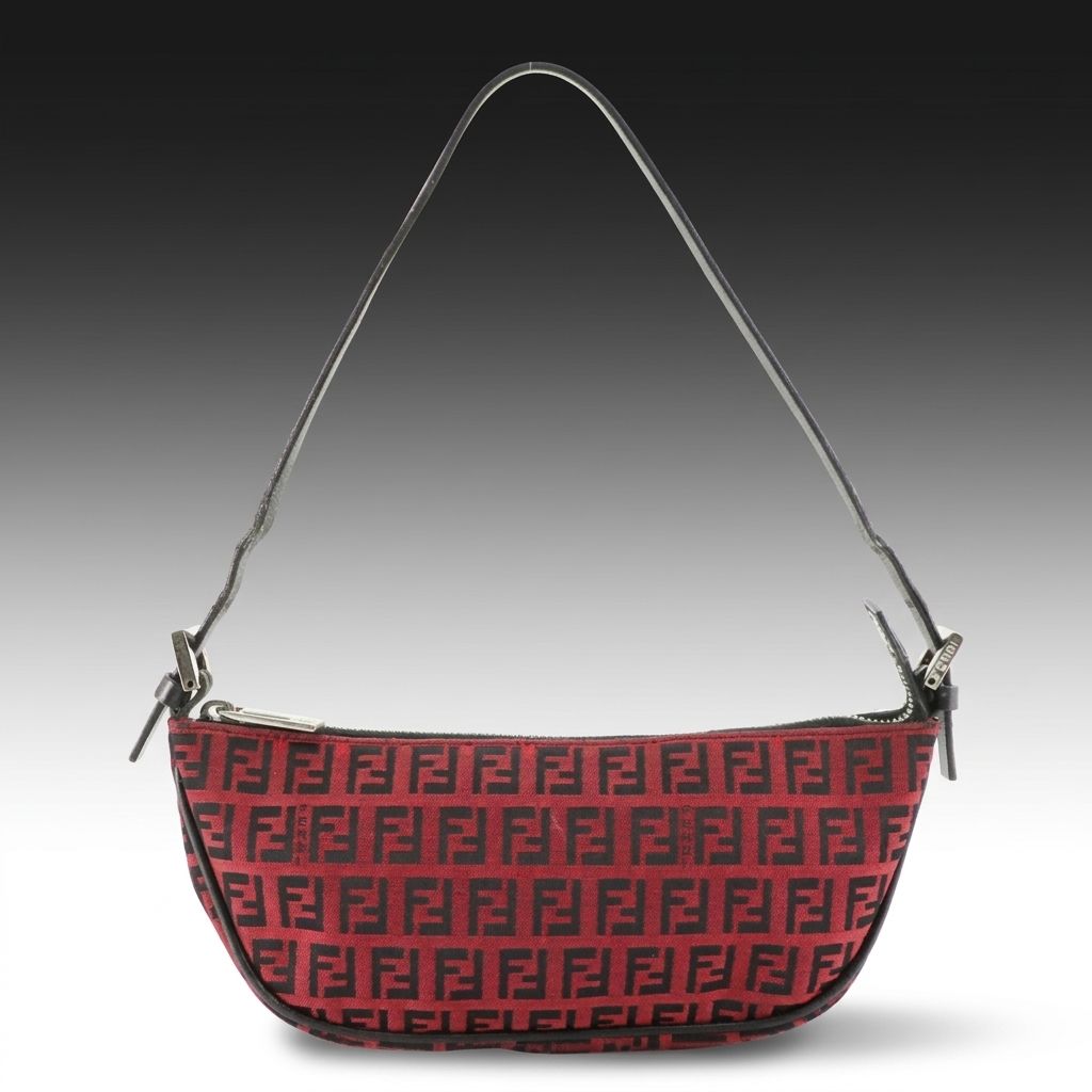 Fendi Boat Pochette Shoulder Bag in Red Zucchino Canvas and Black Leather