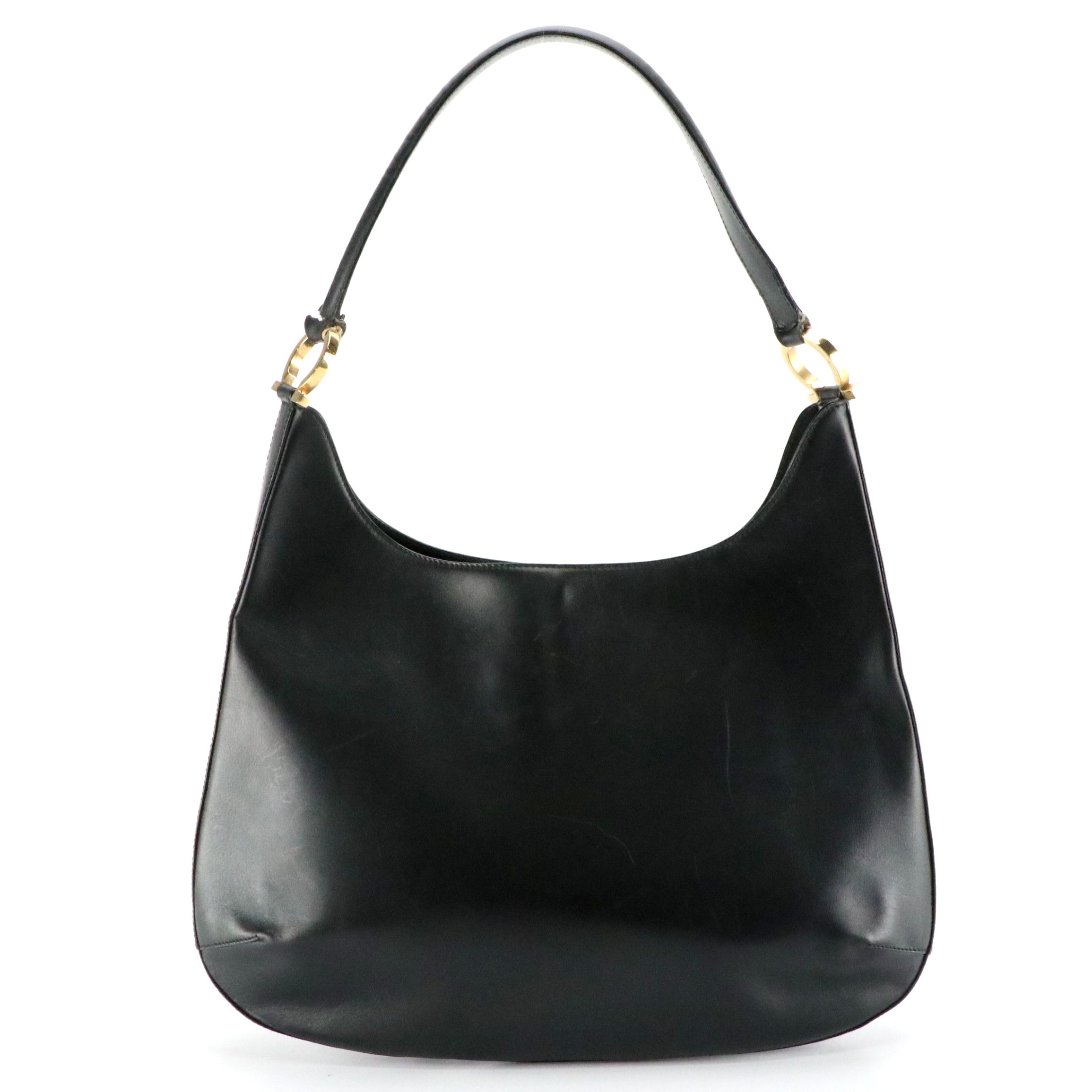 Salvatore Ferragamo Gancini Hobo Shoulder Bag in Black Calfskin Leather