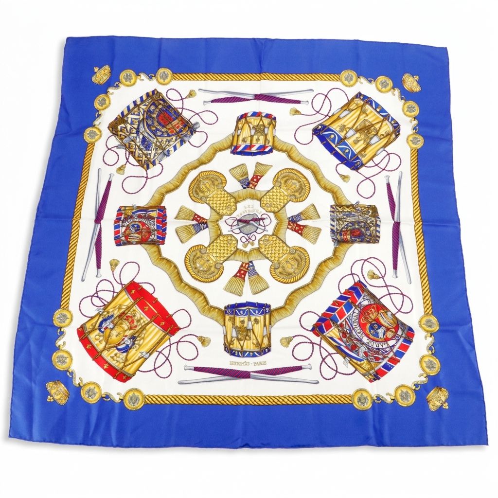 Hermès "Les Tambours" Scarf 90 in Silk Twill