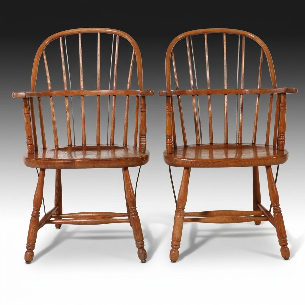 Pair of American Colonial Revival Oak Windsor Armchairs, 20th Century