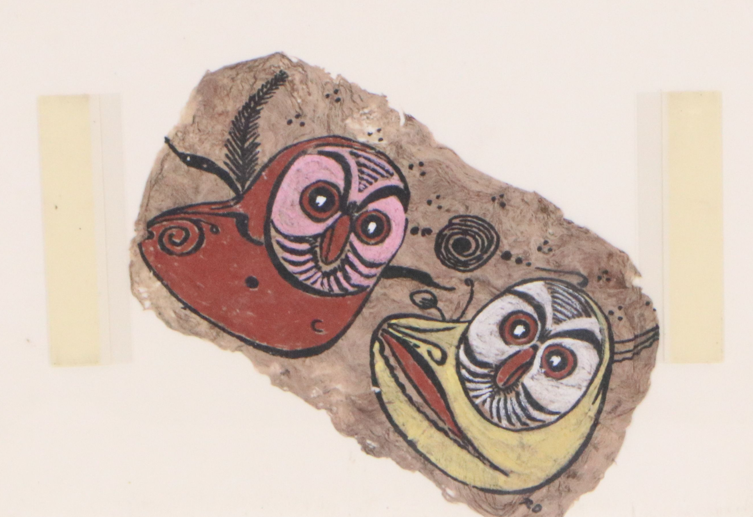 Mexican Amate Bark Painting of Two Owls, Circa 1978