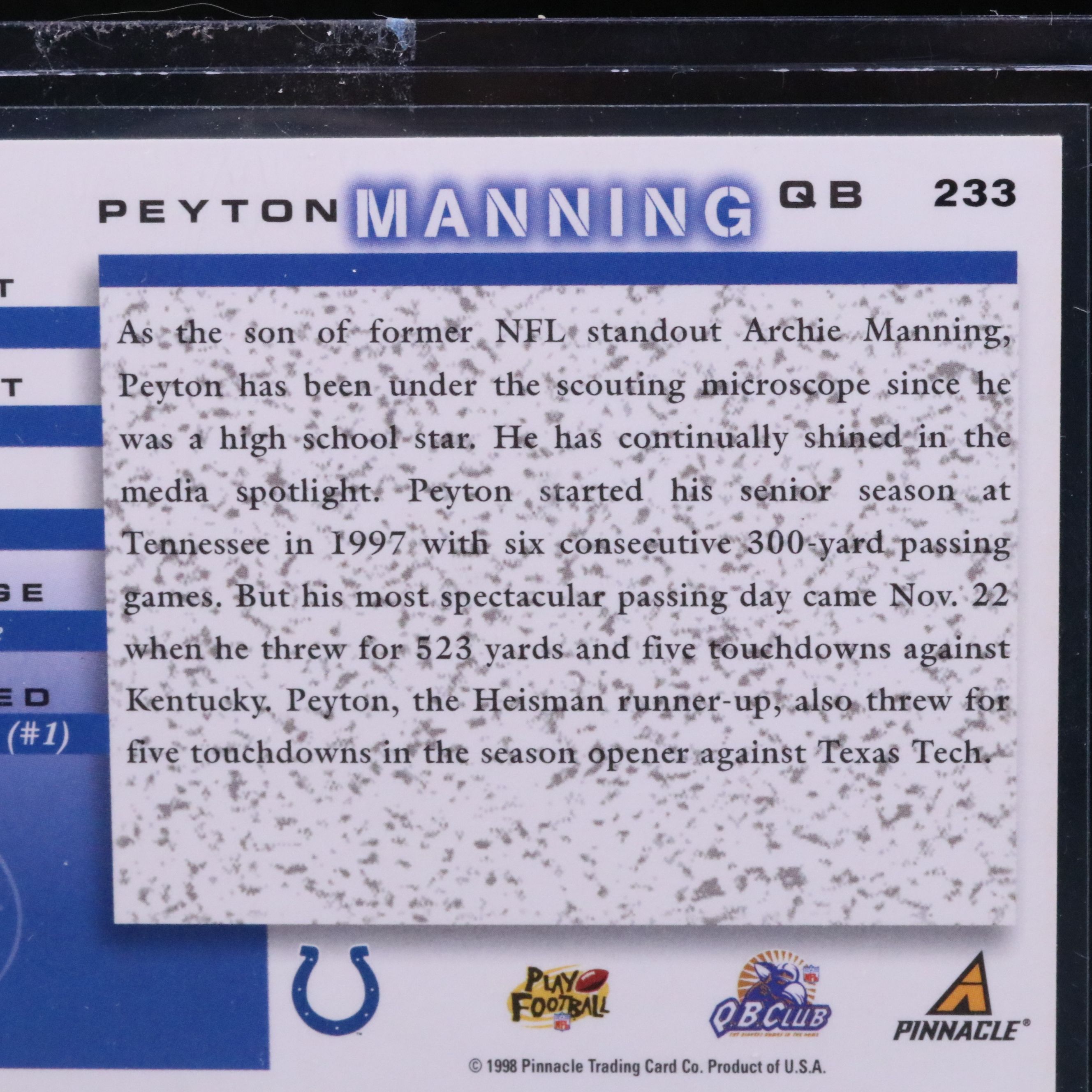 1998 Score Peyton Manning Indianapolis Colts Rookie Football Card